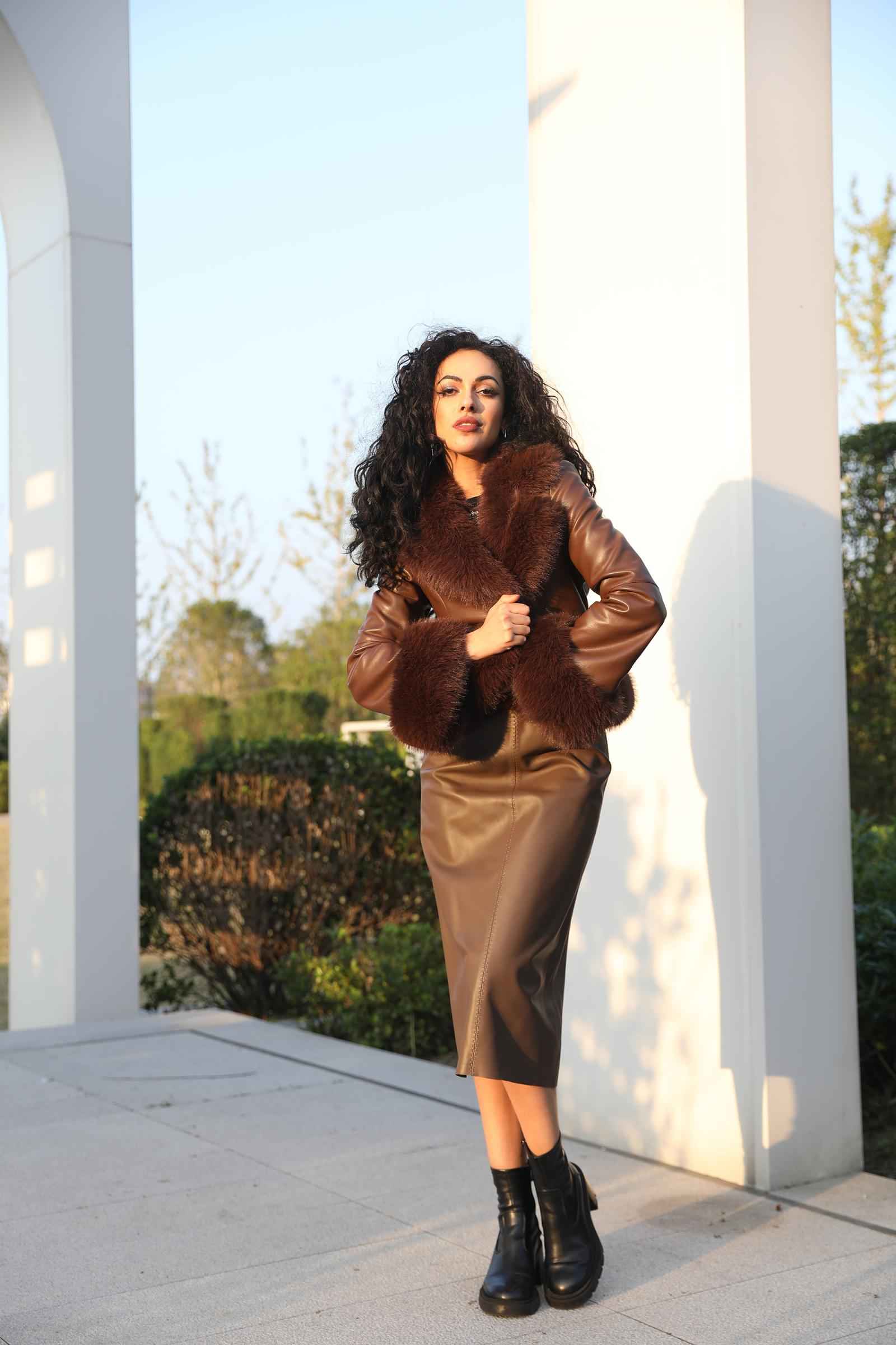 Eco-Friendly Leather-Like Faux Fur Trendy Suit Collar Buttoned Leather Coat - Janefur