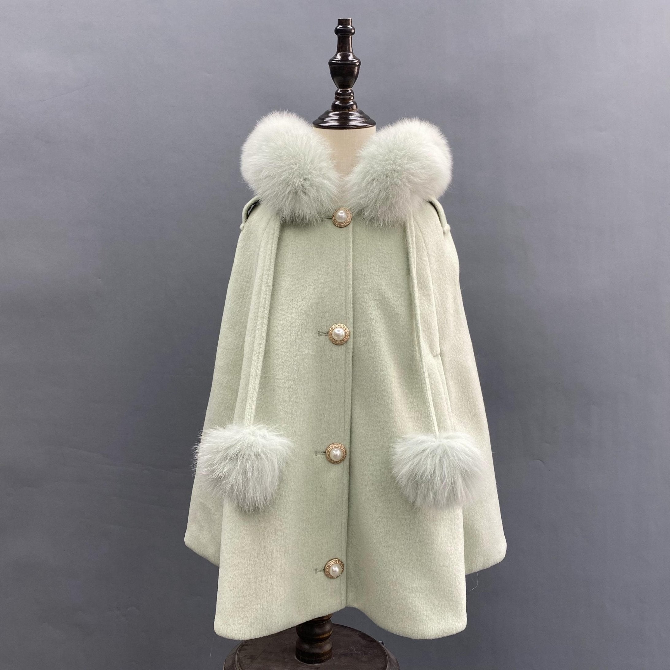 New Children's Double Fur Ball Hooded Poncho Shawl - Janefur