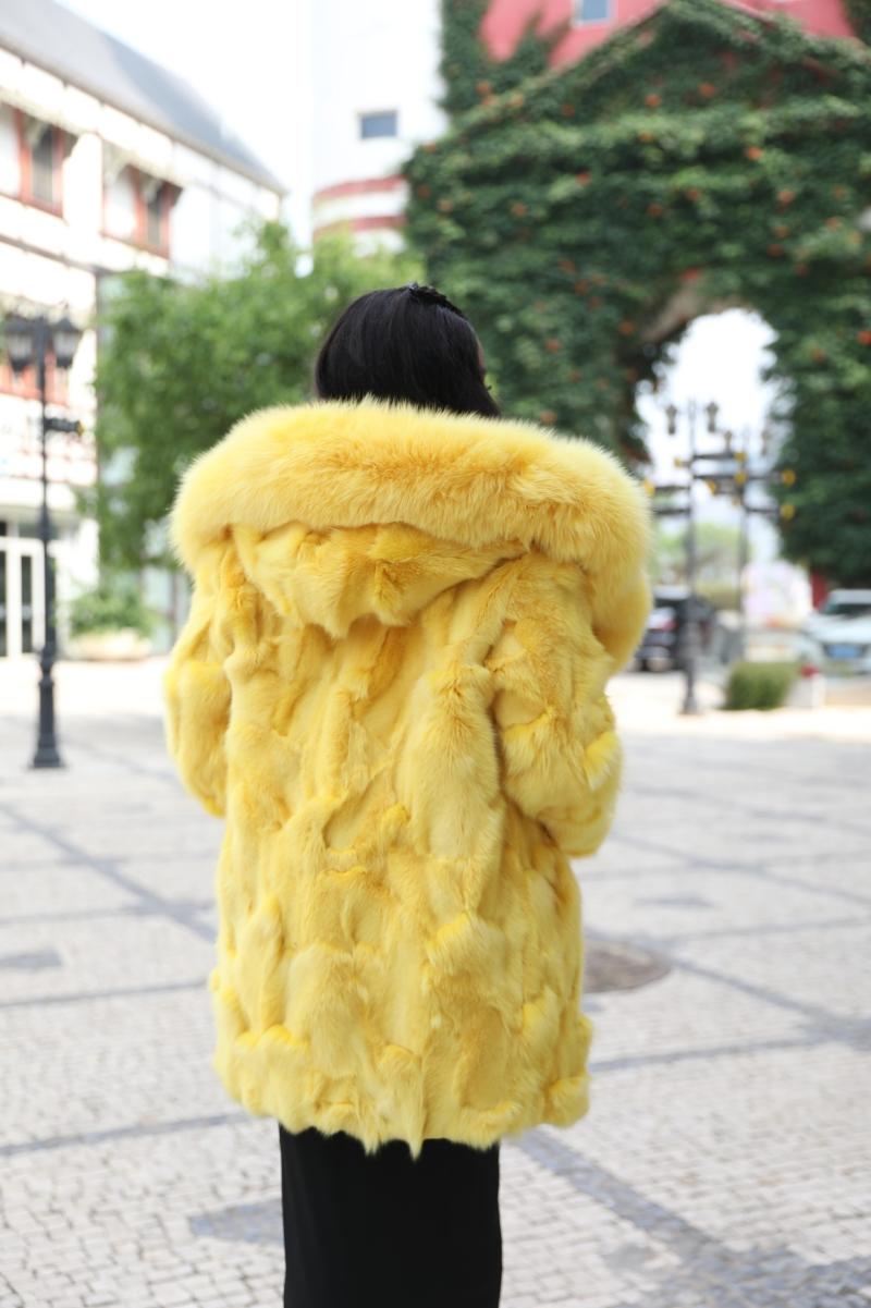 Women's Long Yellow Hooded Fox Fur Coat - Janefur