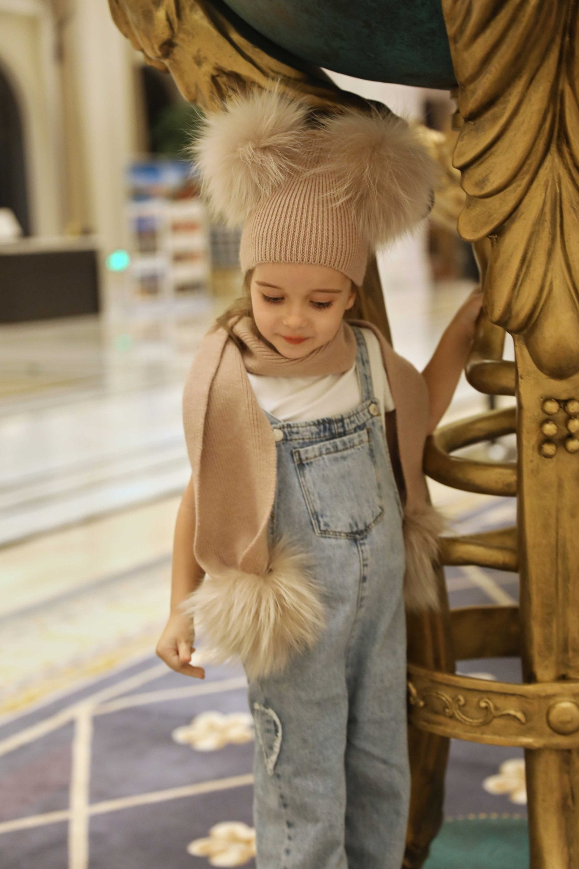 Children's Knitted Angora Double Fur Pom Pom Scarf - Janefur