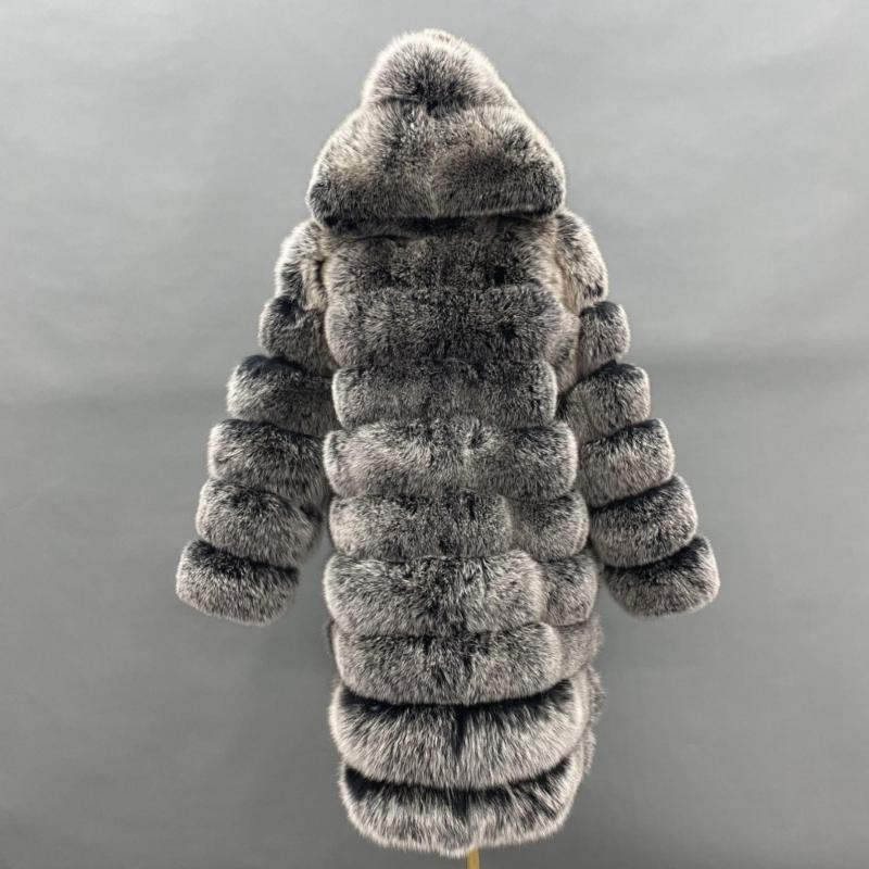 Long Blue Fox Hooded Fox Fur Coat - Janefur