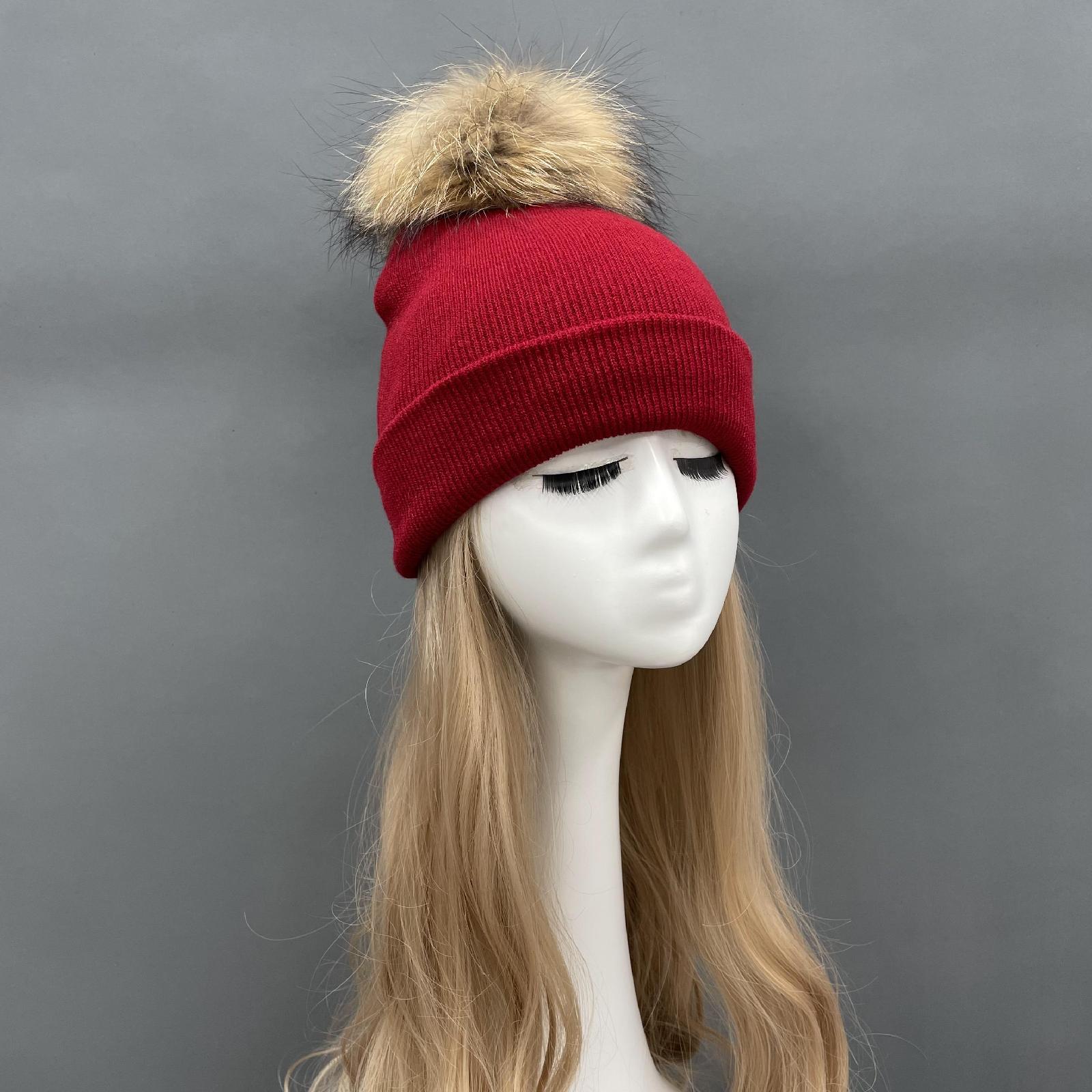 Solid Color Acrylic Knitted Hat with Single Fur Pom Pom Women's Knit Cap - Janefur