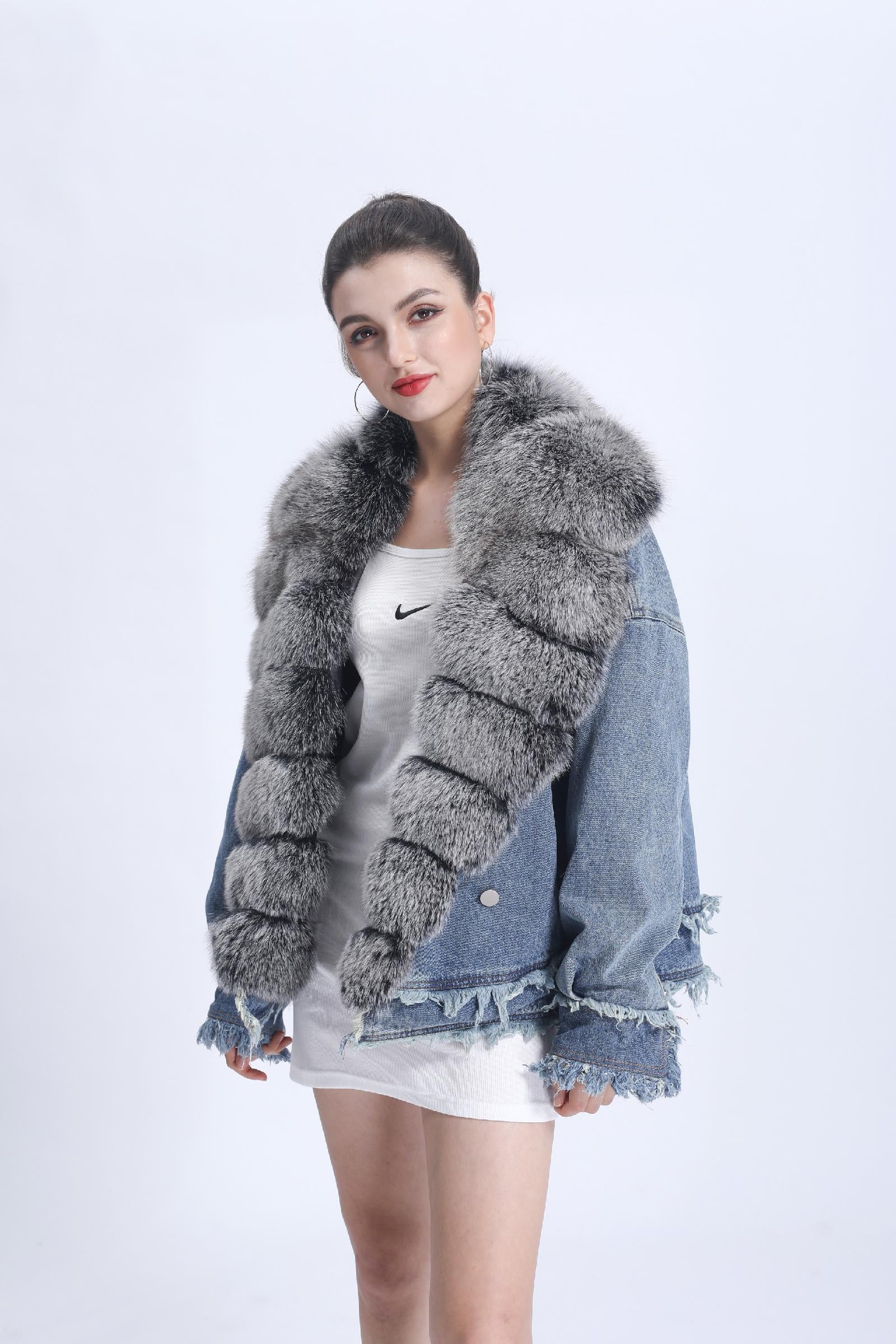 Women's Denim Jacket Leather Large Fox Fur Collar Winter Luxury Coat Fluffy Jacket Denim Blue Down Outerwear - Janefur