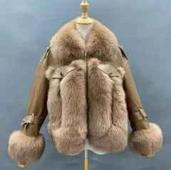 Real Fox Fur Collar Women's Short Fox Fur Stitching Leather Winter Short Coat - Janefur