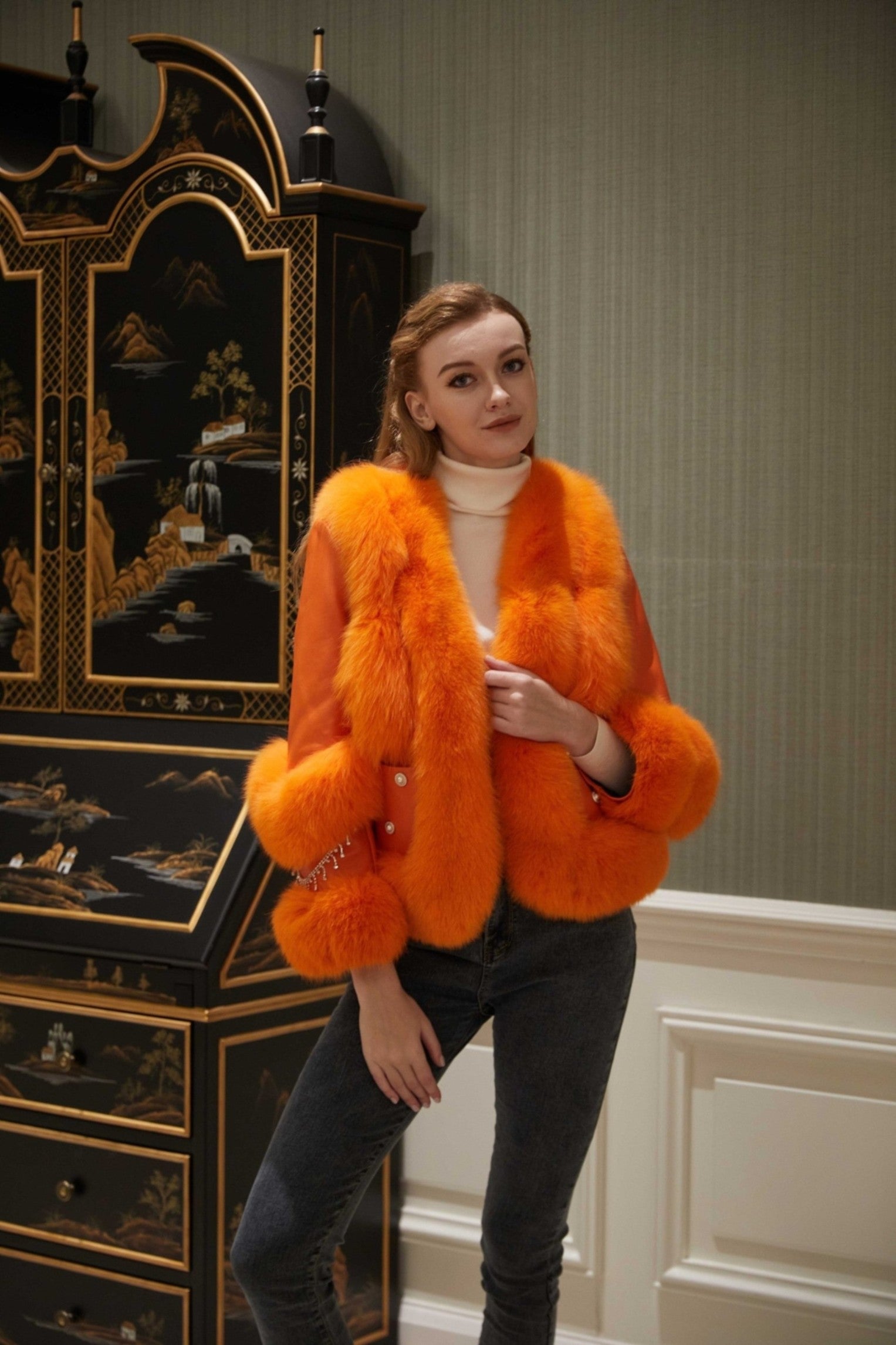Women's Fox Fur Placket Down Jacket With Pearl Embellished Pockets - Janefur