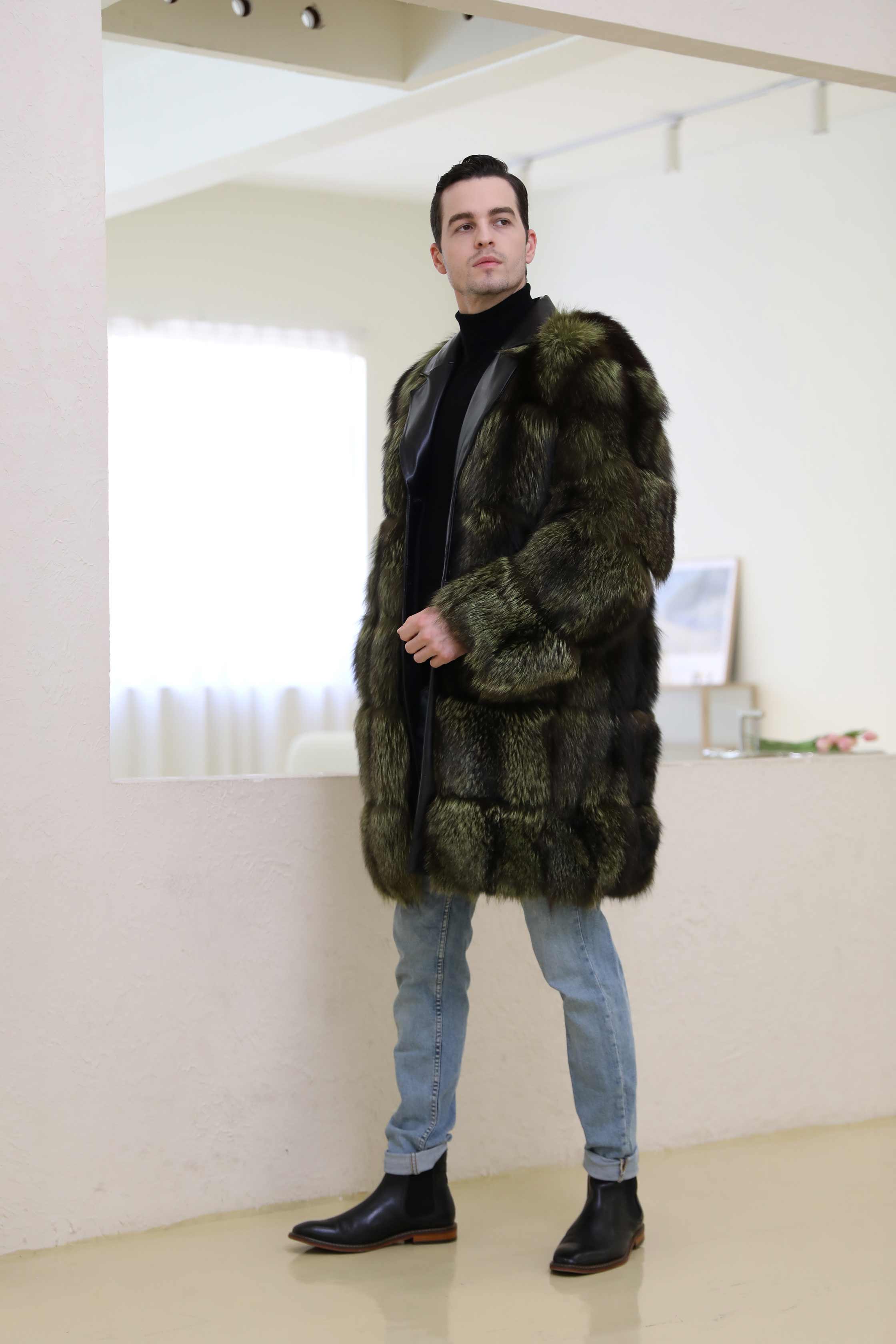 Winter New Leather Collar Button Design Men's Real Fox Fur Coat - Janefur