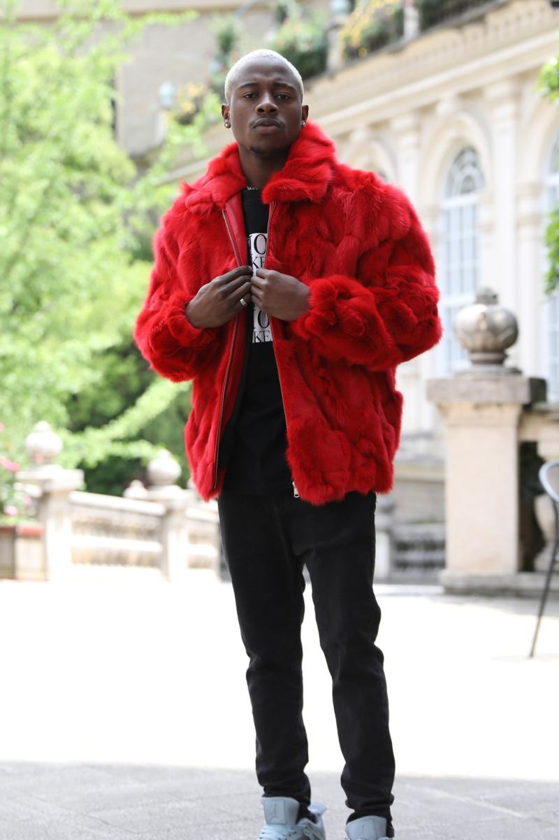 Red Coat Zipper Lapel Windproof Men's Fashion Fox Fur Jacket - Janefur