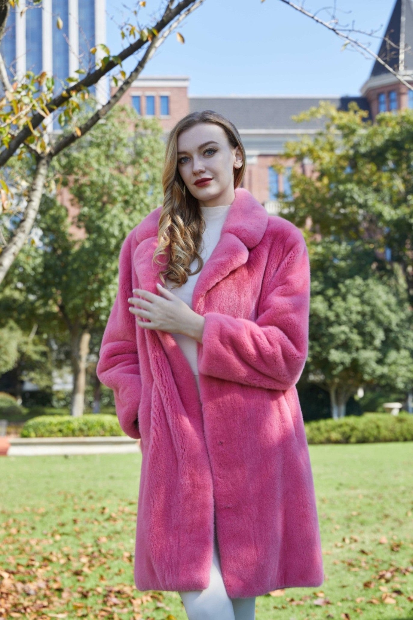 Women's High Quality Suit Collar Mid-Length Mink Pink Coat - Janefur