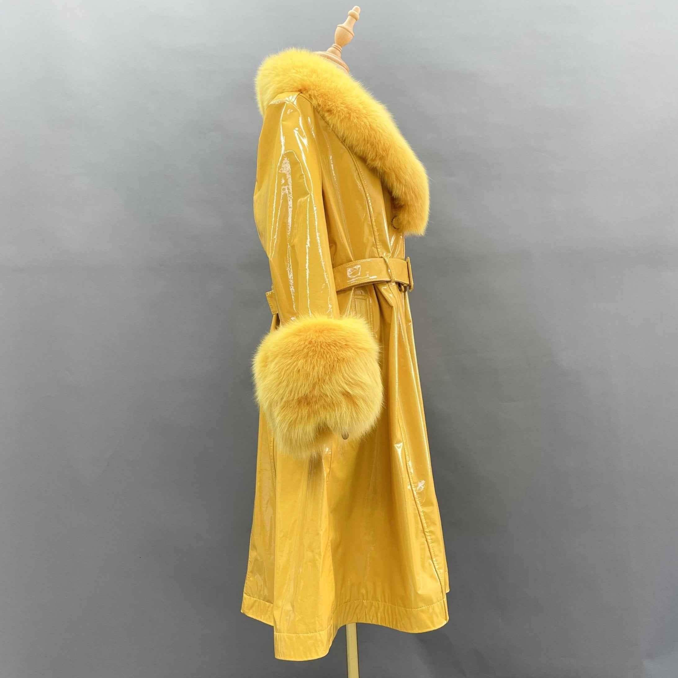 Women's Winter Large Flip Lapel Collar Fur Terry Long Shiny Leather Jacket - Janefur