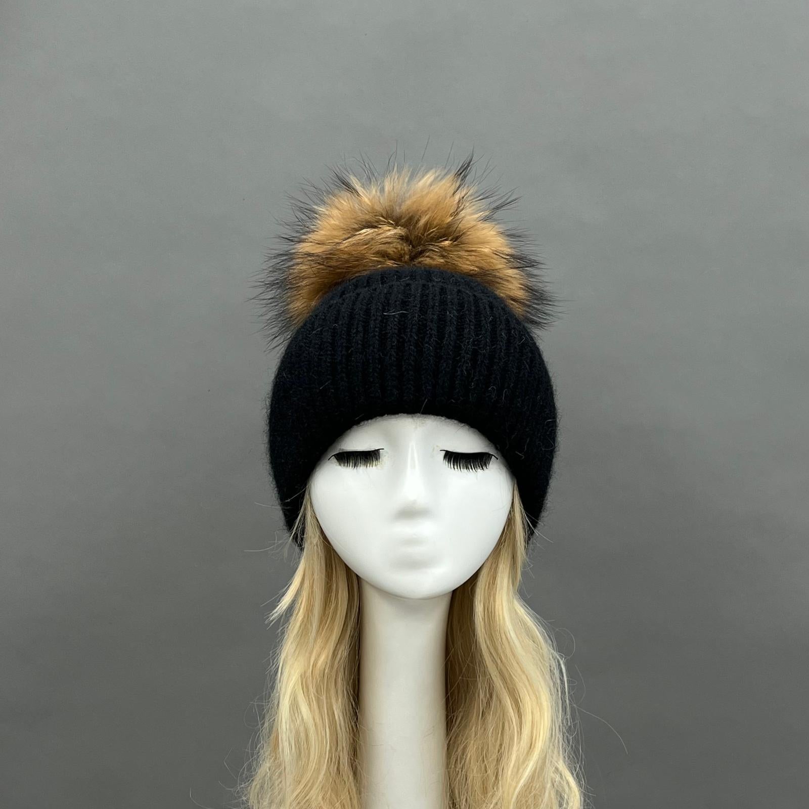 Women's Fashion Thin Striped Rabbit Fur Pom Pom Hat - Janefur