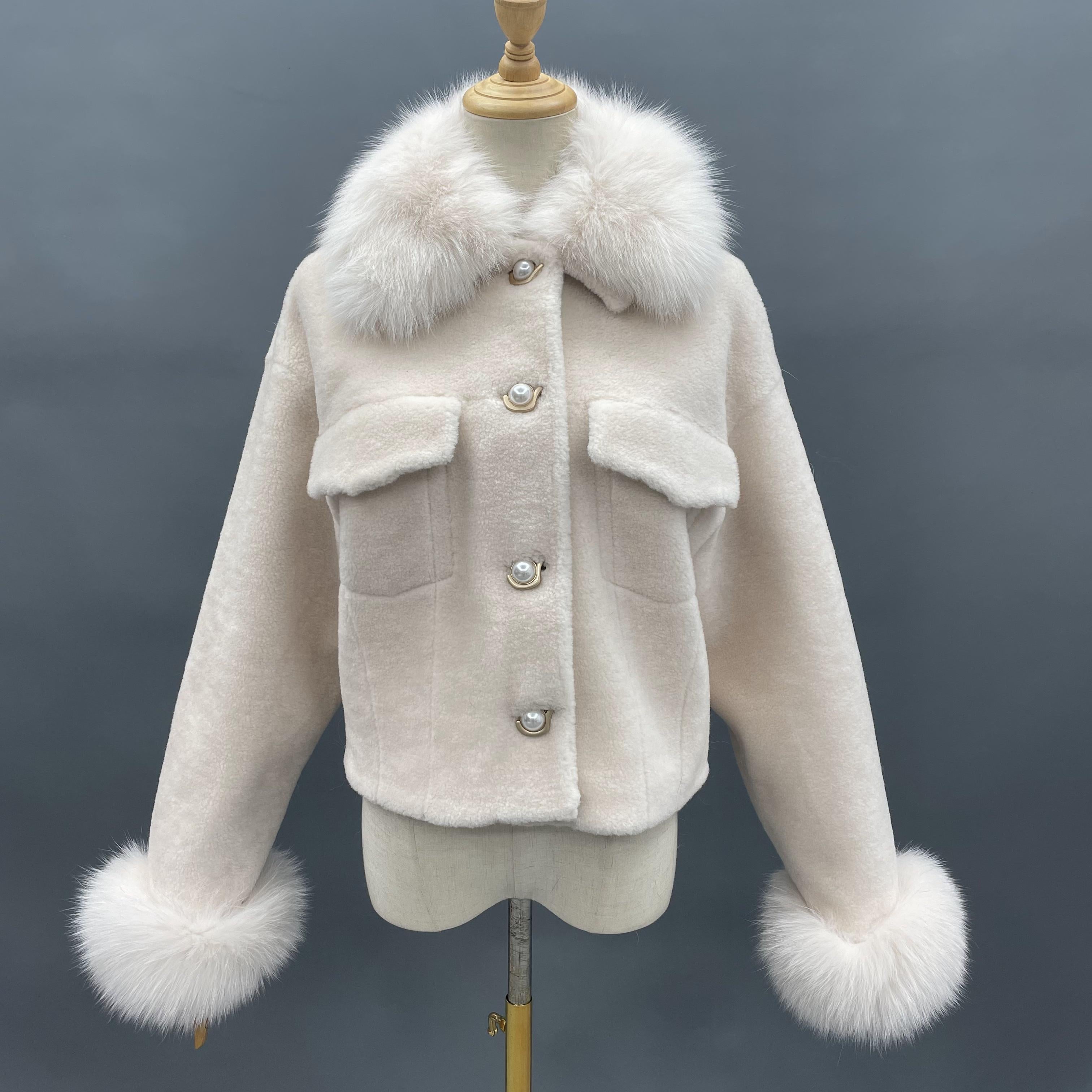 Pearl Button Lapel Shearling Short Jacket - Janefur