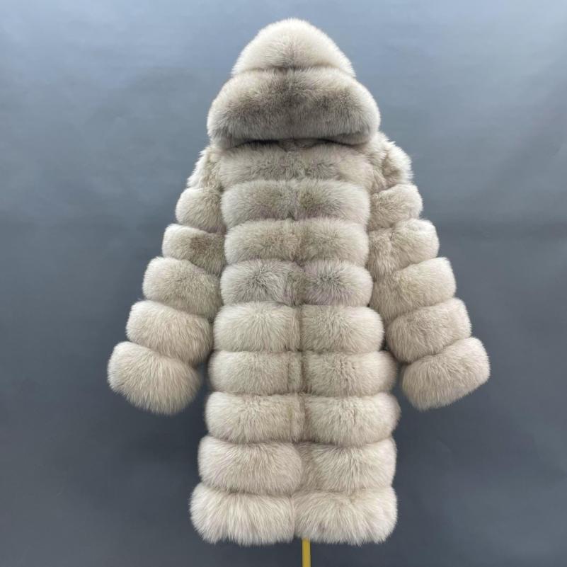 Long Blue Fox Hooded Fox Fur Coat - Janefur
