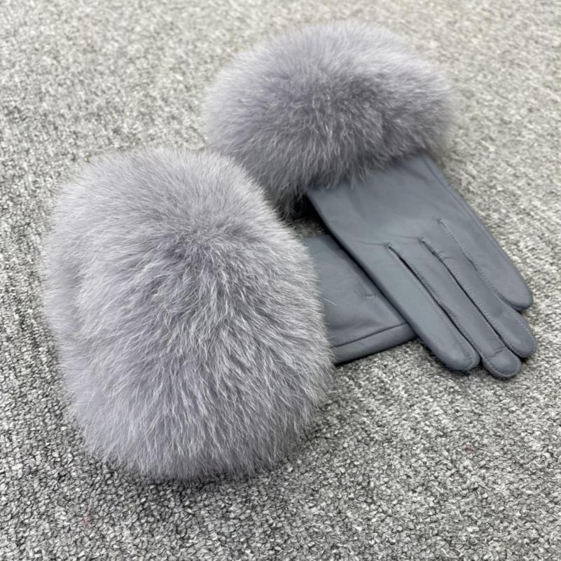 Fox Fur Leather Gloves Rose - Janefur