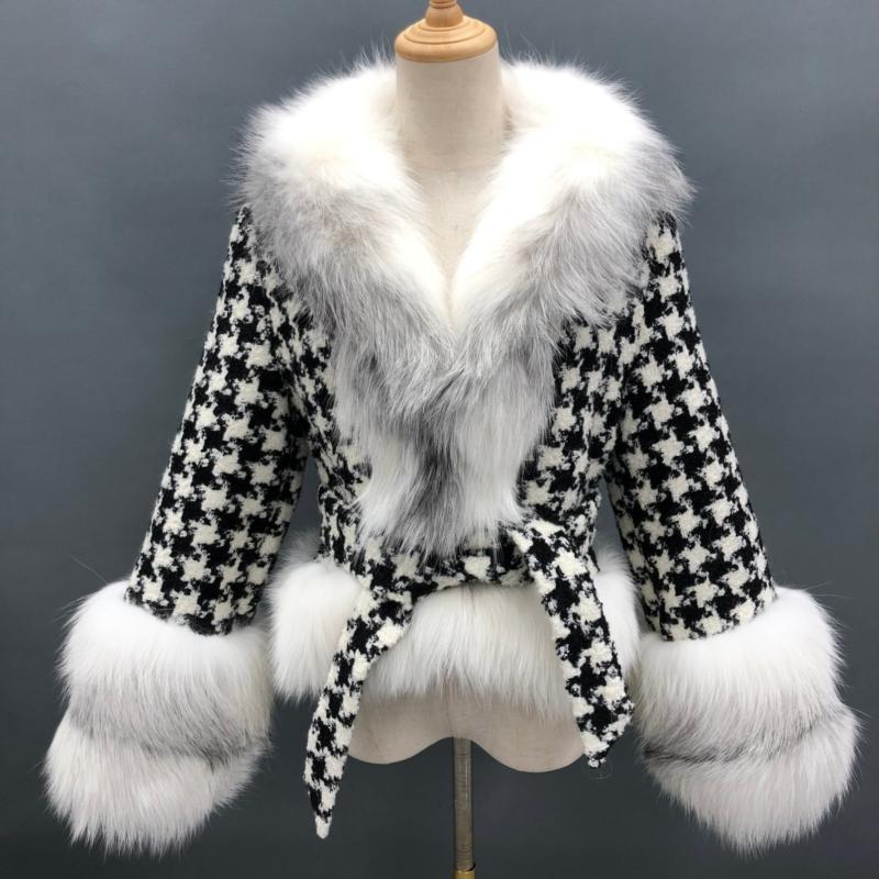 Mandarin Collar Wool Checkered Short Jacket with Fur Trim - Janefur