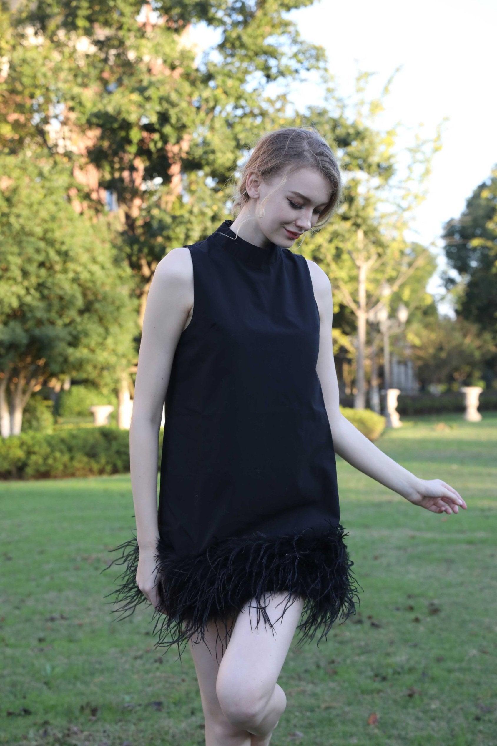 Long Dress With Ostrich Feather Hemline - Janefur