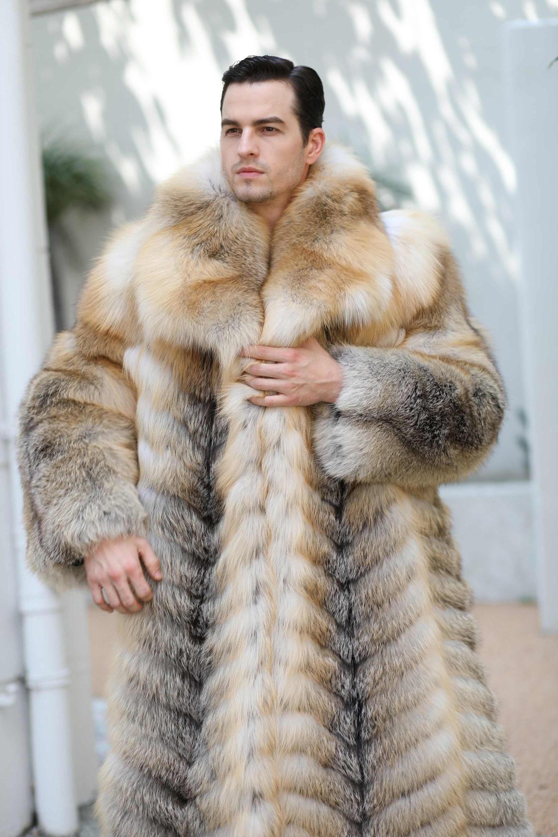 Men's Long Golden Island Fox Luxury Fox Fur Real Fur Winter Coat - Janefur