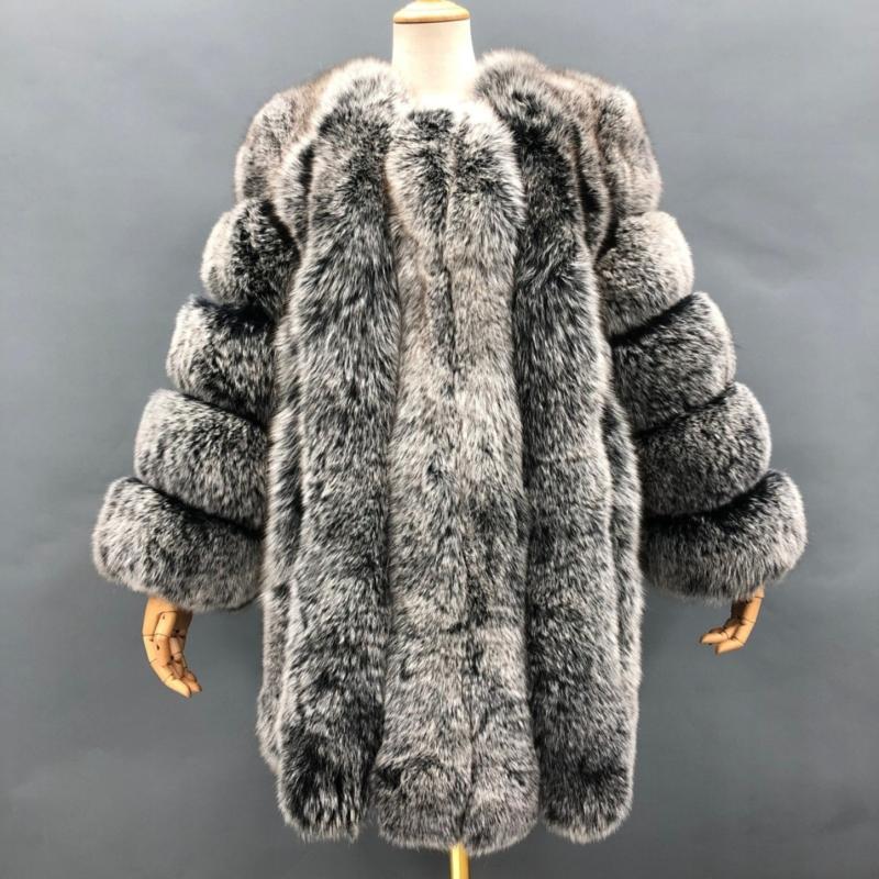 Fashion Women's Long Fox Fur Coat Vertical Stripes Solid Color - Janefur