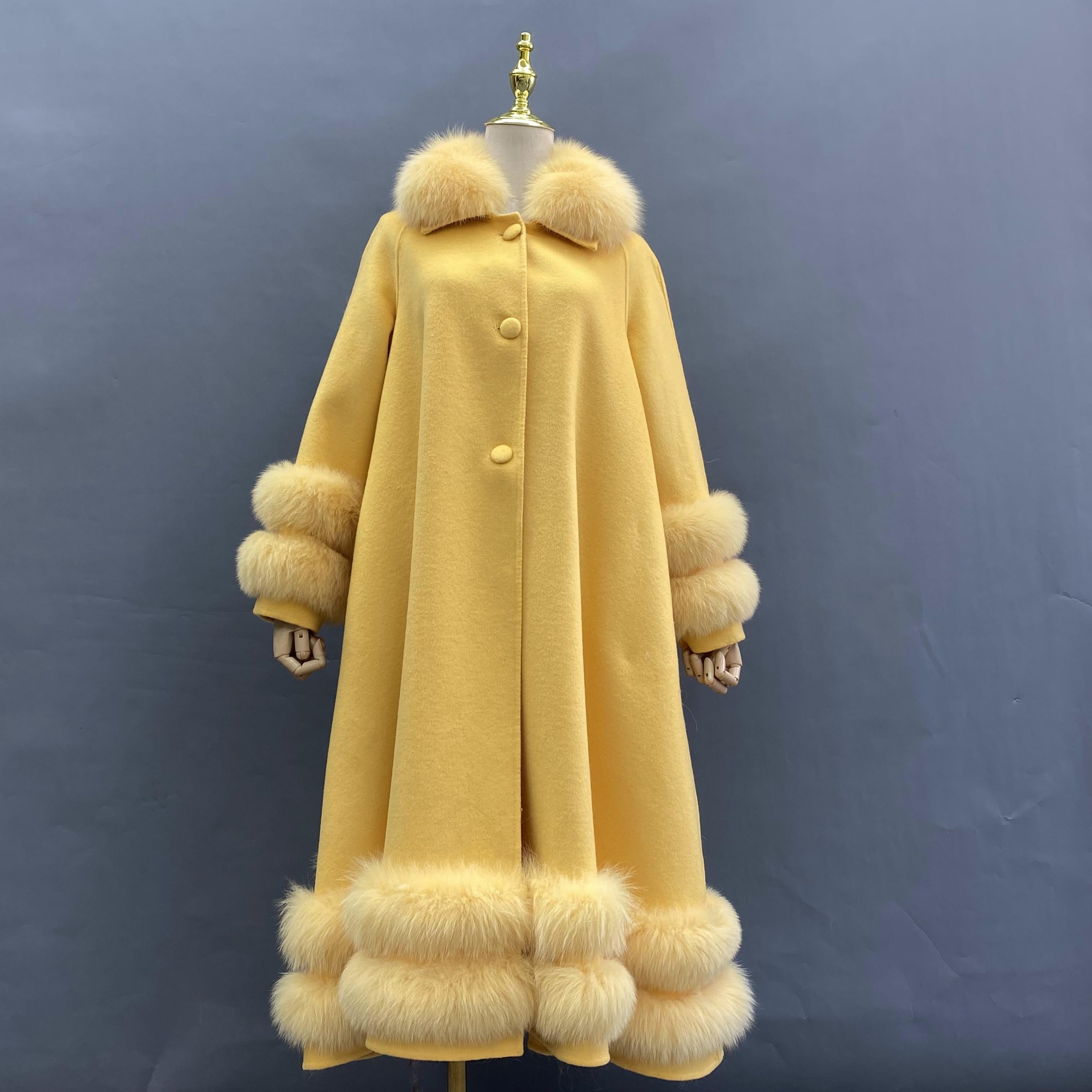 Women's Double Sided Cashmere Coat with Two Sections of Fur Collar at Hem and Cuffs - Janefur