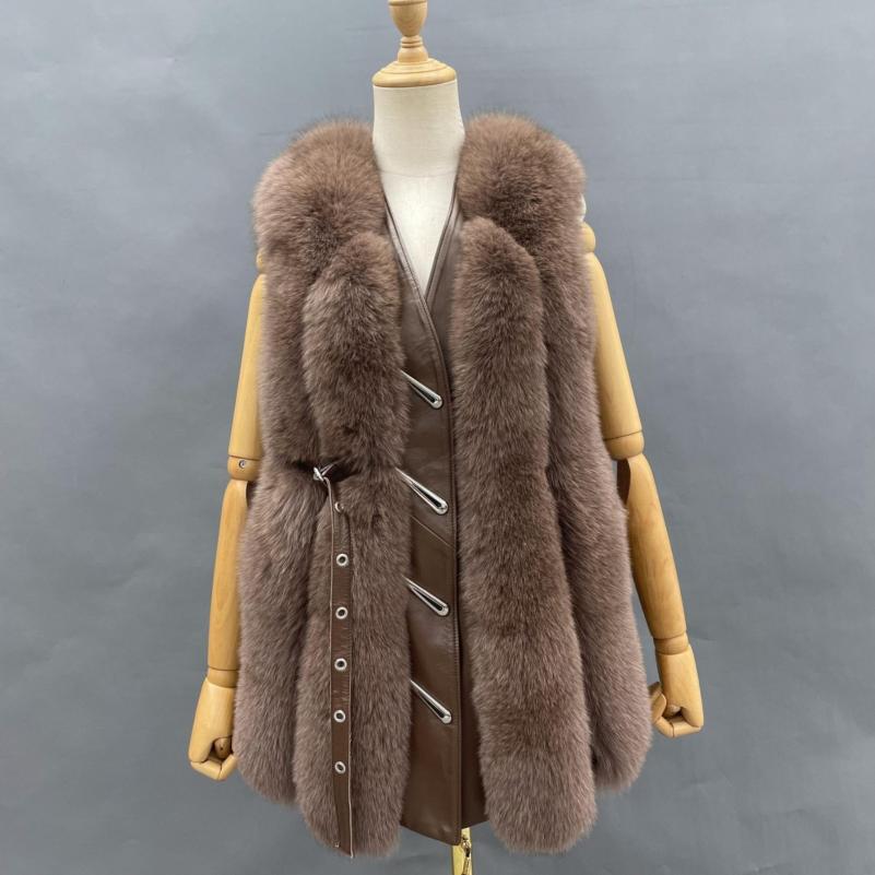 Vertical Stripe Buckle Decorated Draped Fox Fur Vest (Long) - Janefur