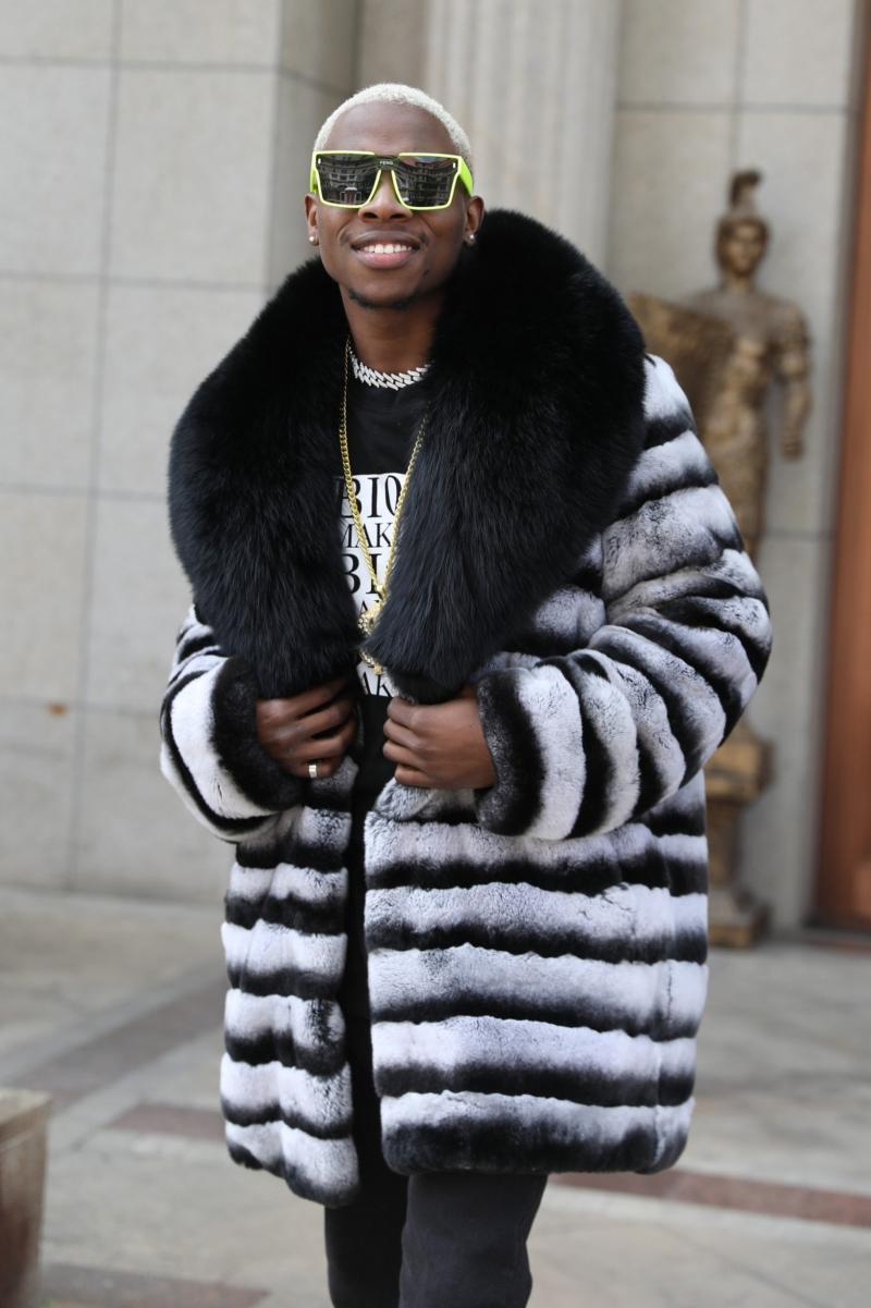 Men's Matching Color Large Fur Collar Rabbit Fur Coat - Janefur