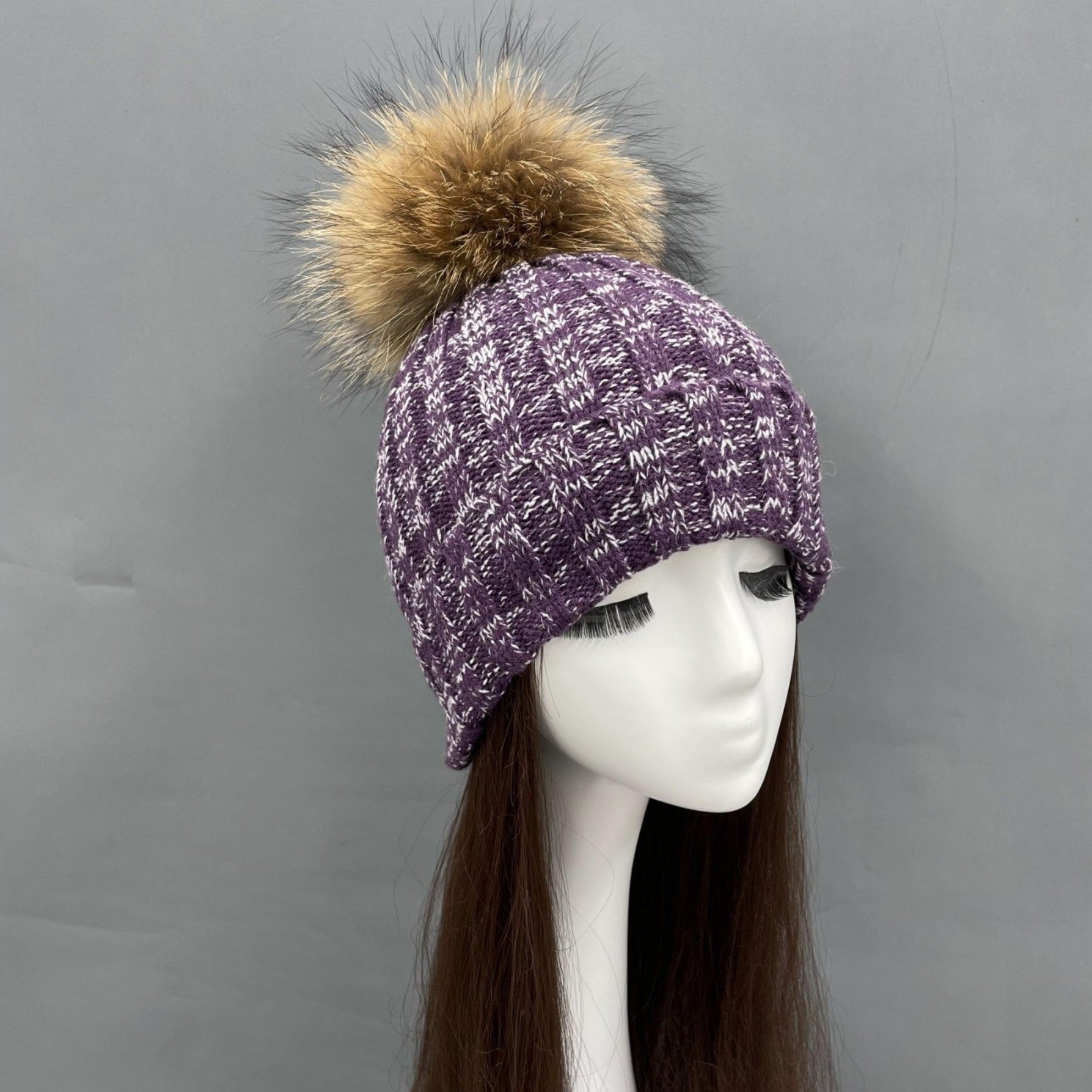 New Fall And Winter Striped With Fur Pom Pom Acrylic Hat - Janefur