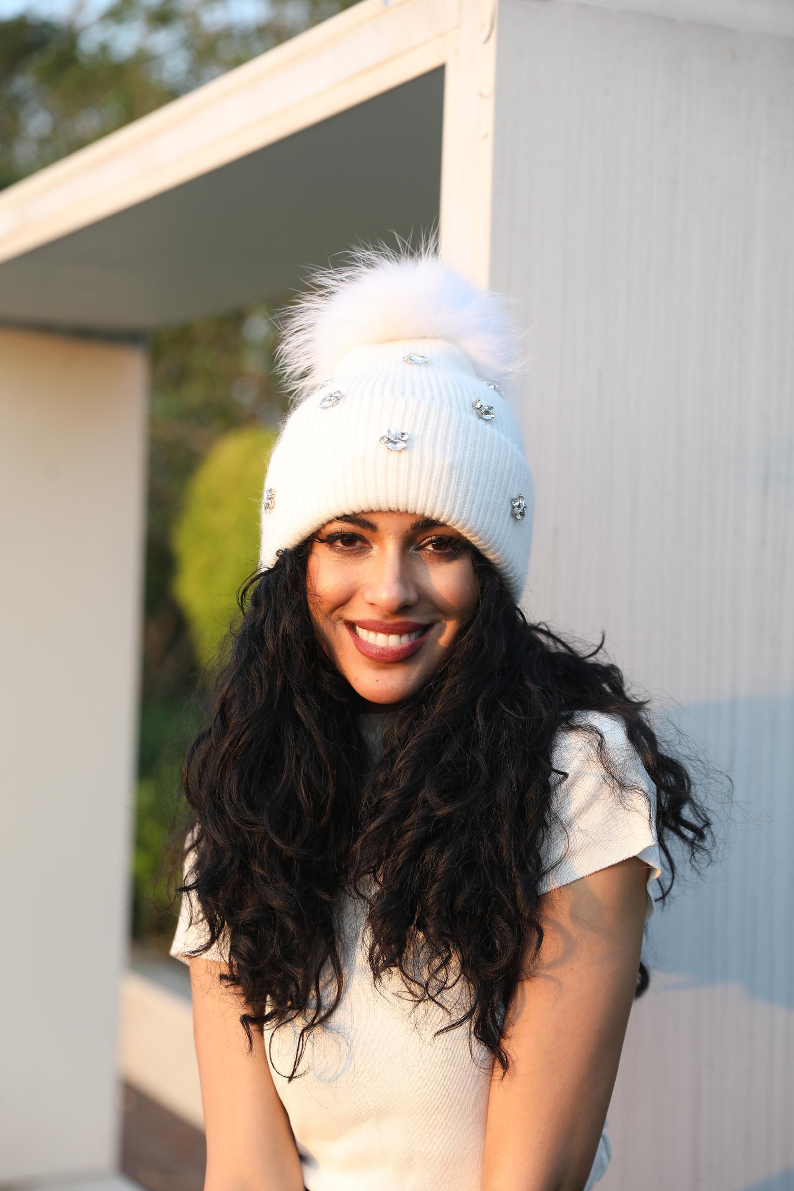 Ladies' Rabbit Fur Hat with Small Rhinestone Pompoms for Casual Wear - Janefur