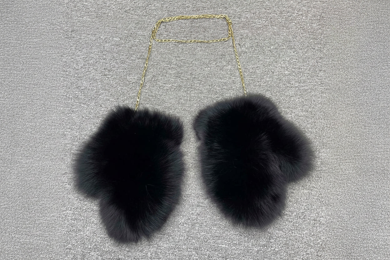 Janefur Cute Fox Fur Gloves for Apparel Black F