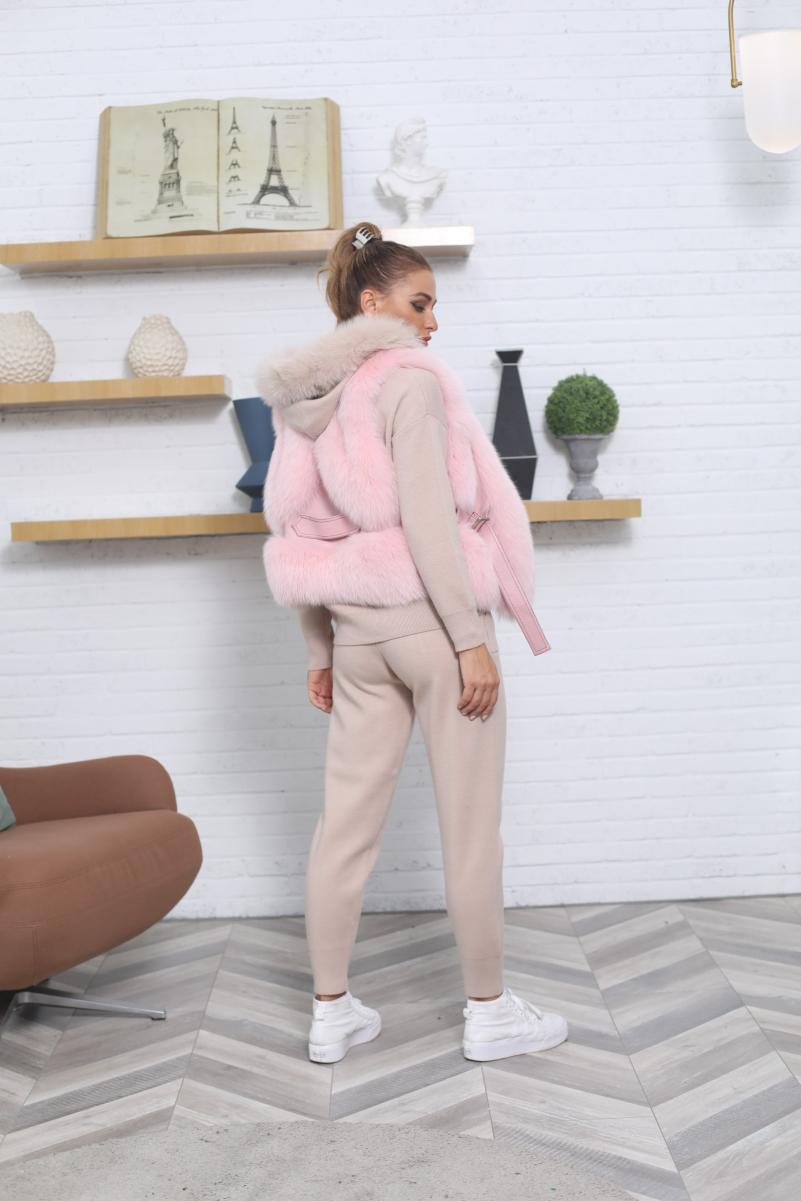 Ladies Fox Fur Vest Leather Buckle Tab - Janefur