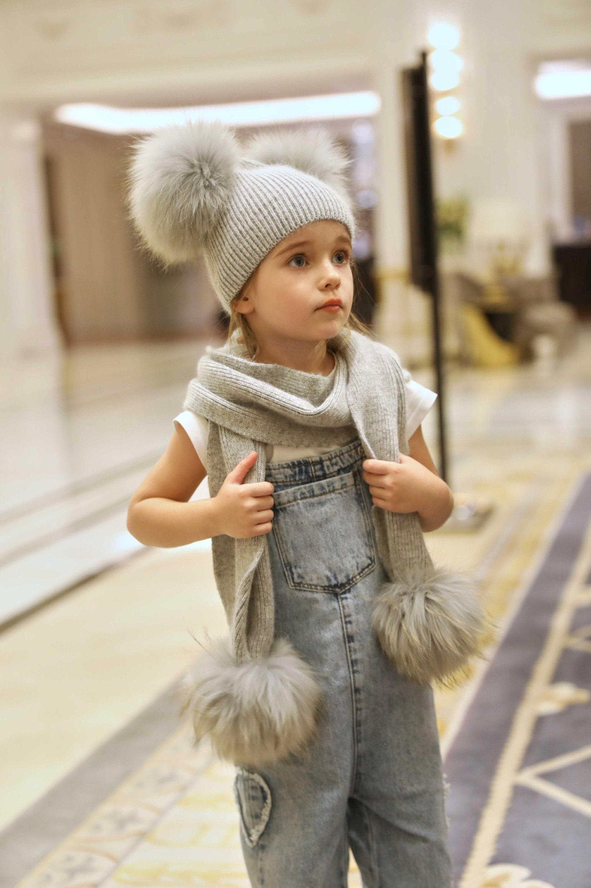 Children's Knitted Angora Double Fur Pom Pom Scarf - Janefur