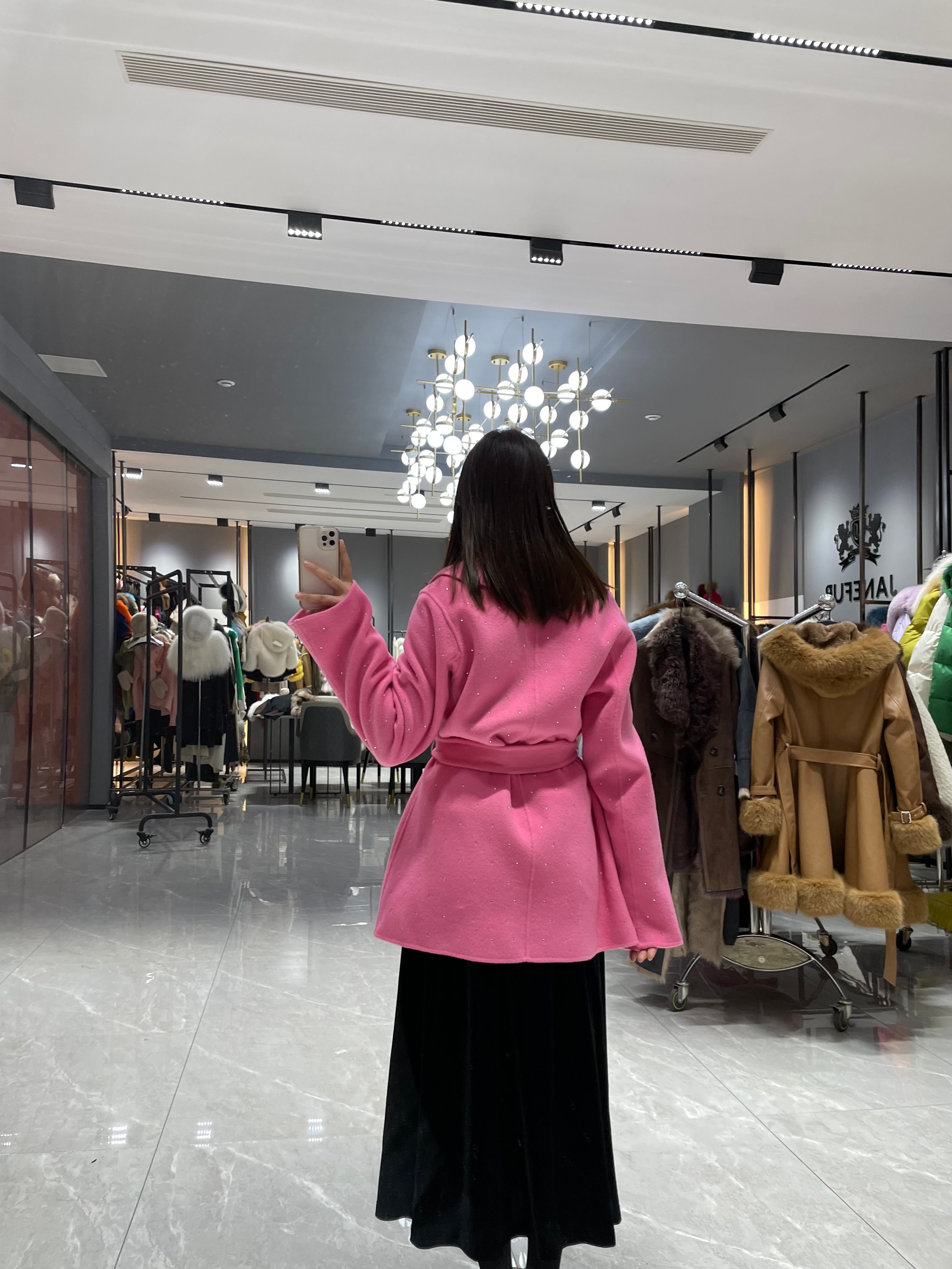 Sparkly Double-Faced Wool Coat for Women – Belted Glitter Shimmer Wrap Jacket in Hot Pink - Janefur