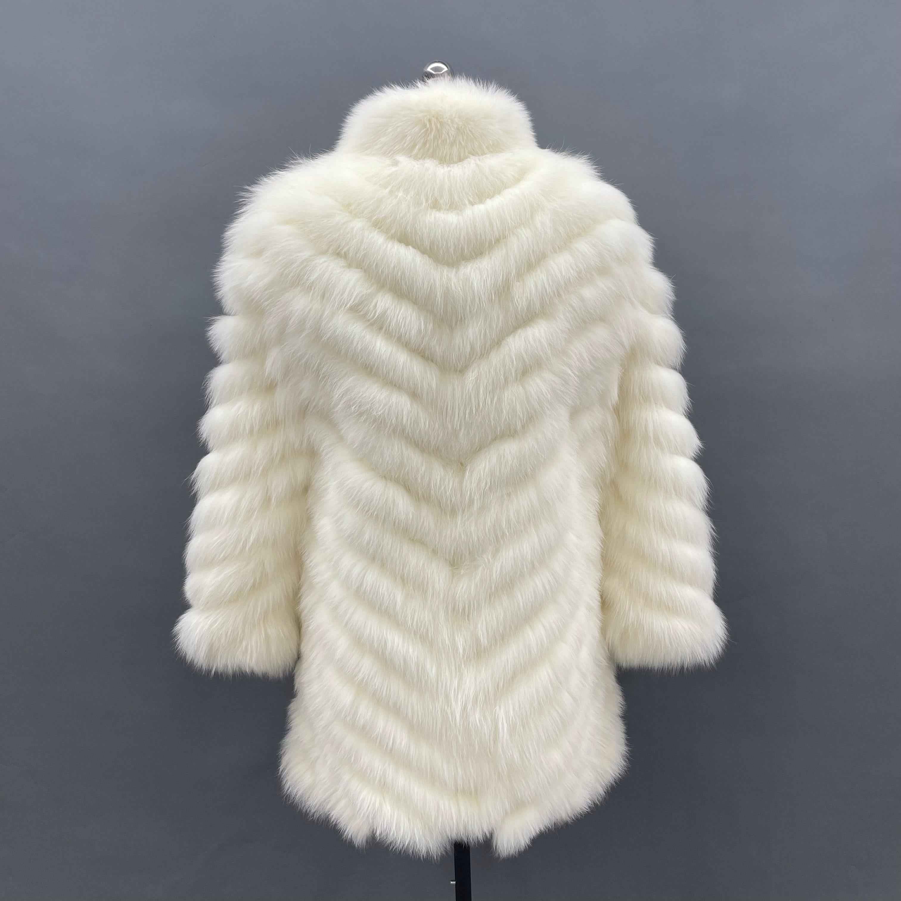 Double-Sided Fox Fur Diagonal Stripe Long Coat - Janefur