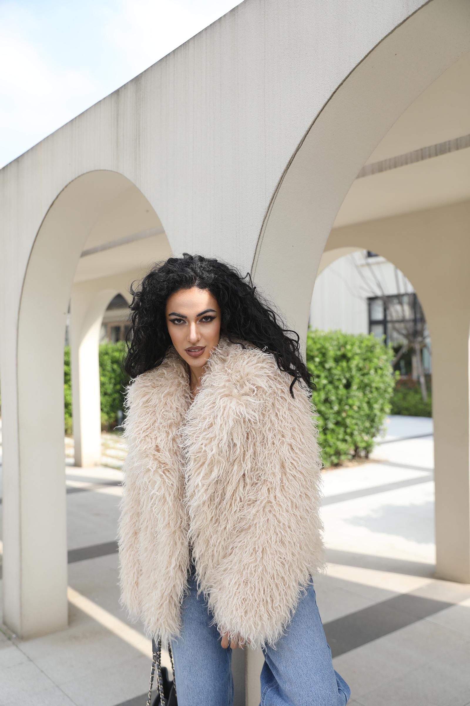 Faux Mongolian Lamb Wool Coat Eco Friendly Mongolian Lamb Wool Women's Elegant Notched Collar Short Coat Jacket - Janefur