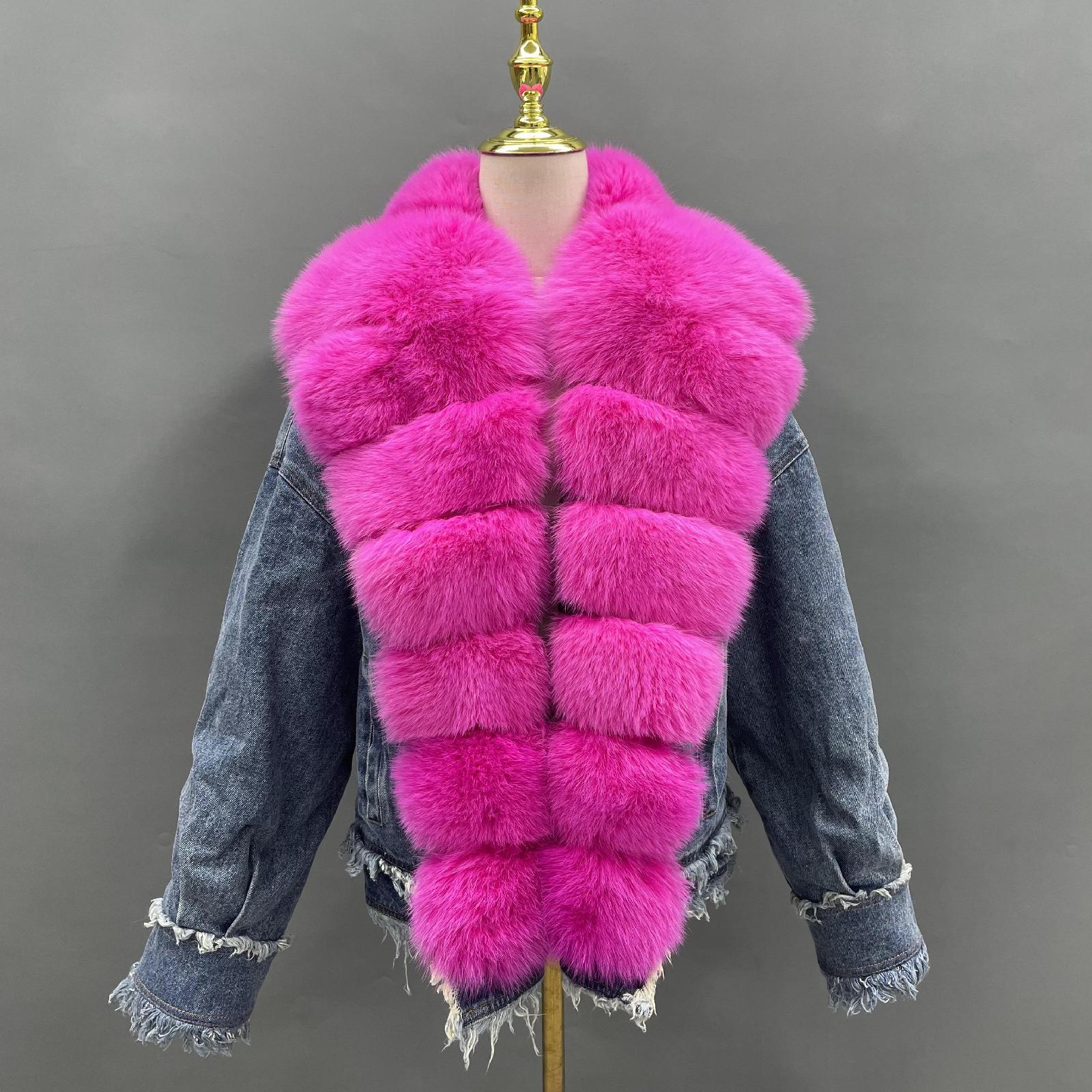 Women's Denim Jacket Leather Large Fox Fur Collar Winter Luxury Coat Fluffy Jacket Denim Blue Down Outerwear - Janefur