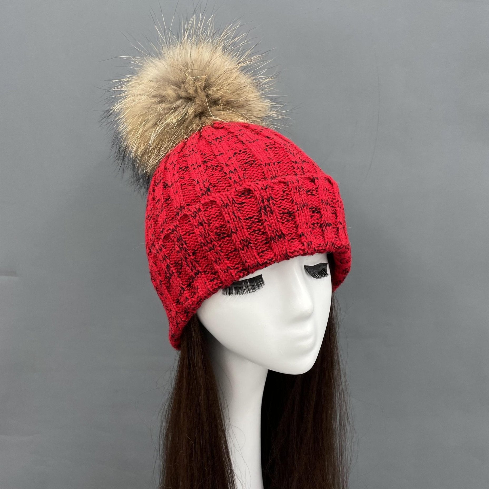New Fall And Winter Striped With Fur Pom Pom Acrylic Hat - Janefur