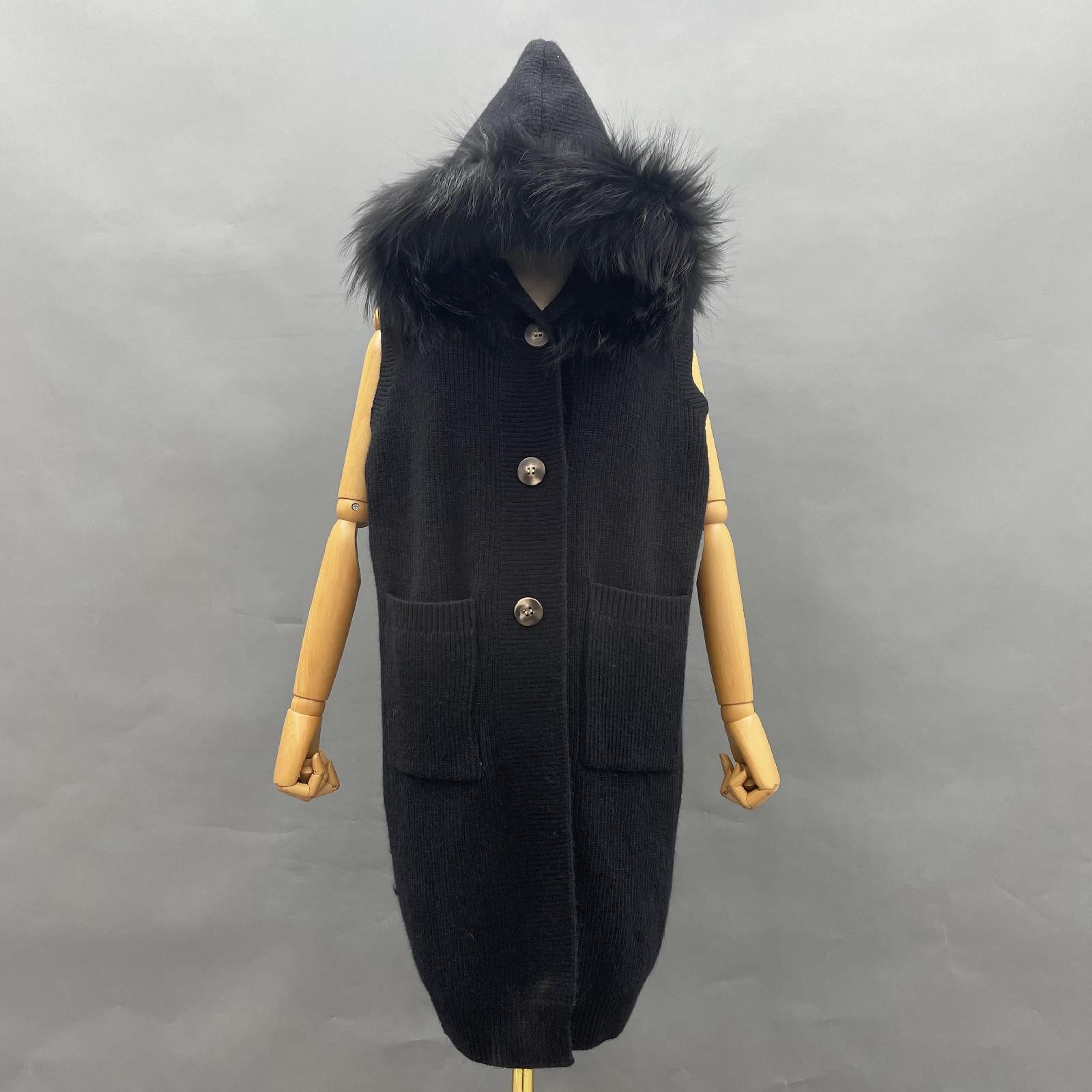 Women's Knitted Sweater Hooded Vest Sleeveless Button Down Cardigan Outwear Top with Pockets - Janefur