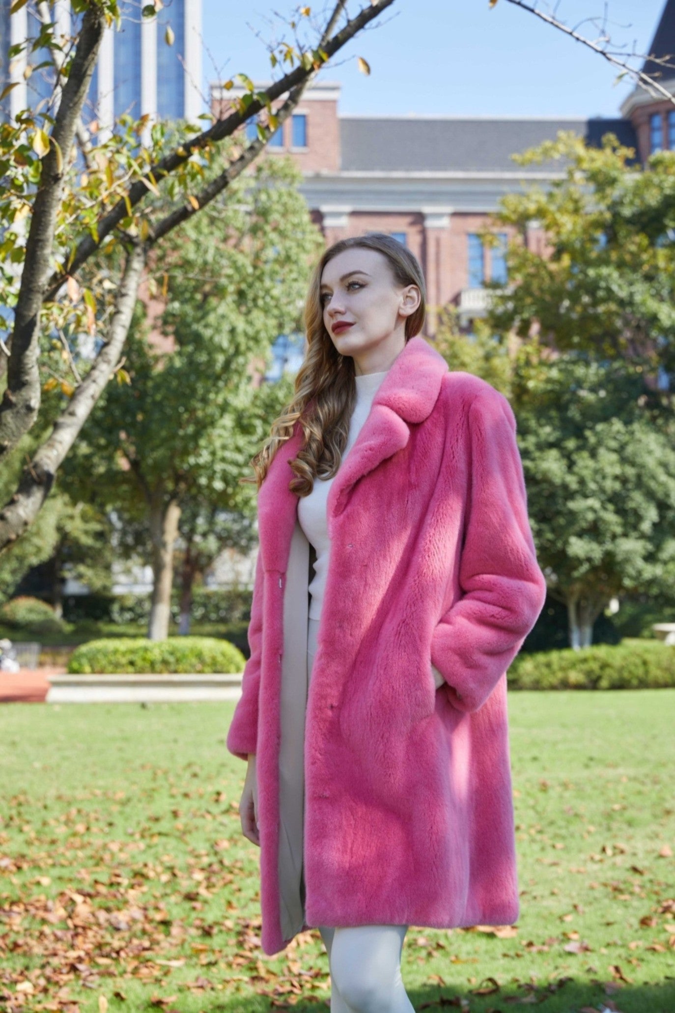 Women's High Quality Suit Collar Mid-Length Mink Pink Coat - Janefur
