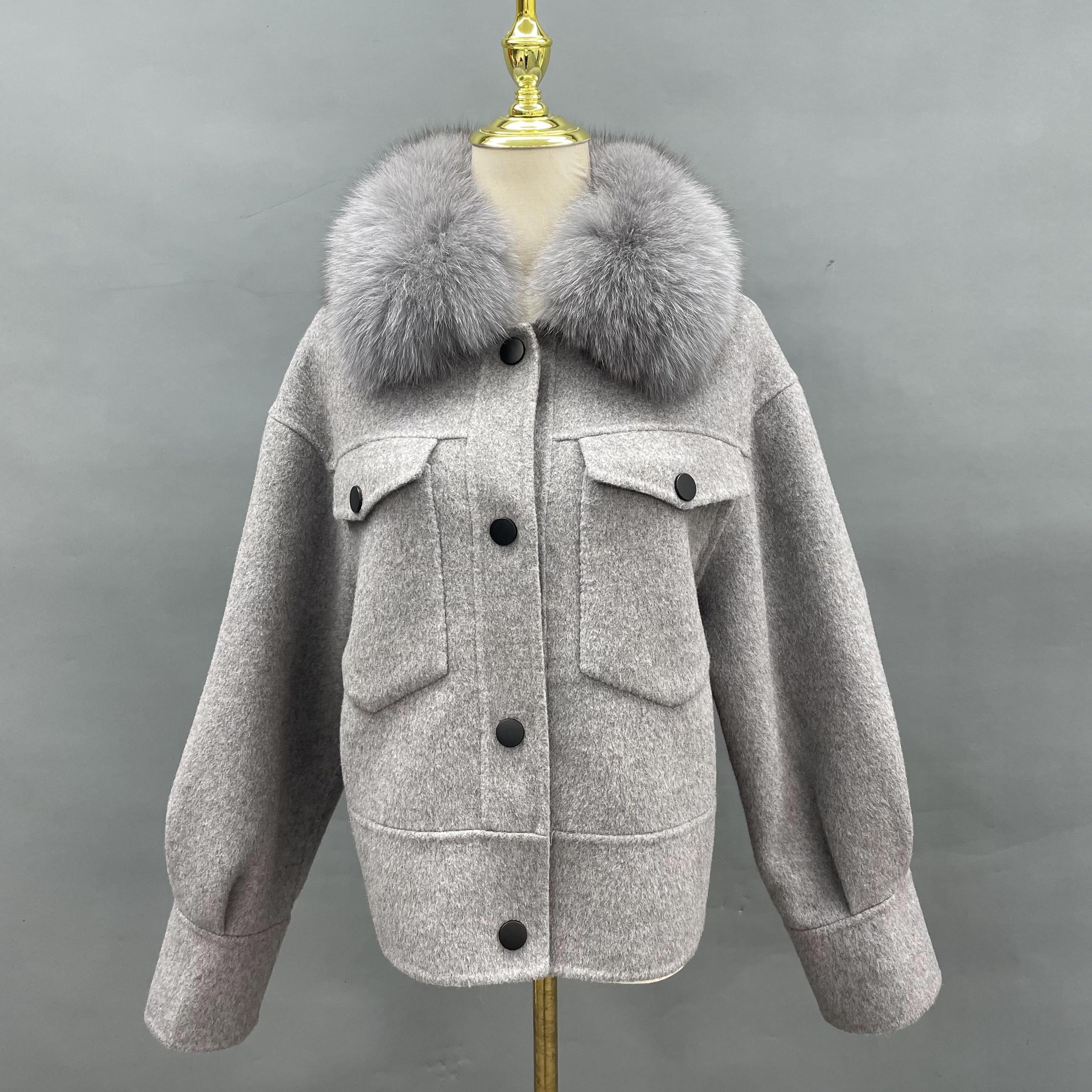 Women's Short Fox Fur Lapel Buckle Fly Casual Cashmere Jacket - Janefur