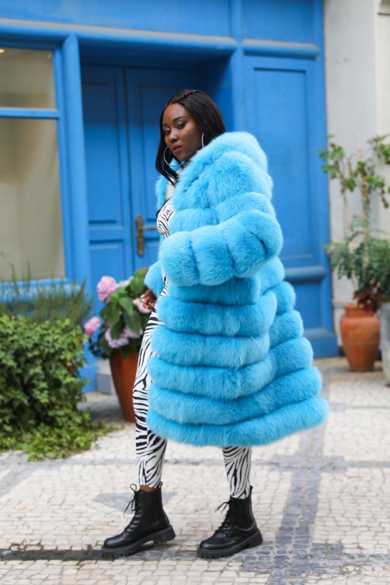 Long Blue Fox Hooded Fox Fur Coat - Janefur