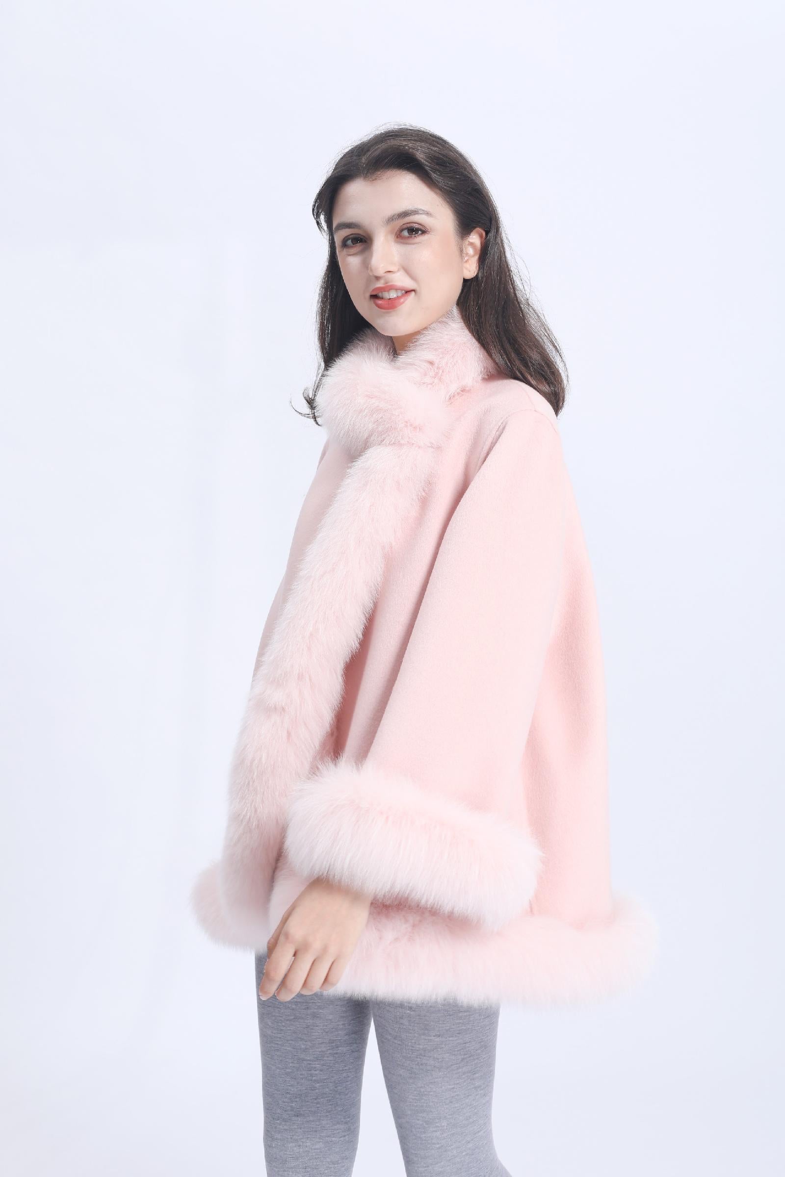 Women Elegant Style Cashmere Coat with Fox Fur Trim Shawl - Janefur