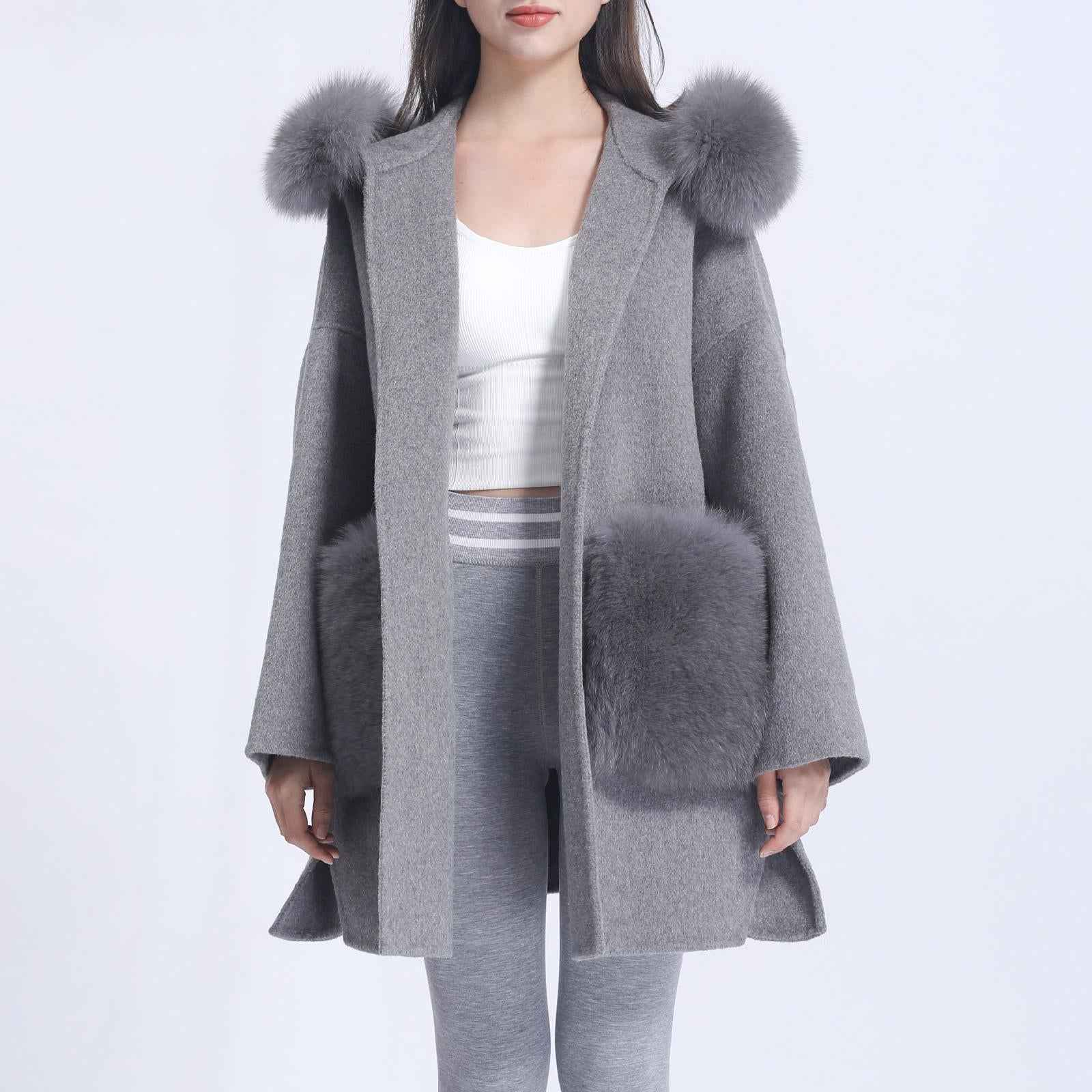 Cashmere Short Coat Women's Fashion Casual Hooded Jacket with Fur Pockets and Fur Collar Double-faced Wool Coat - Janefur