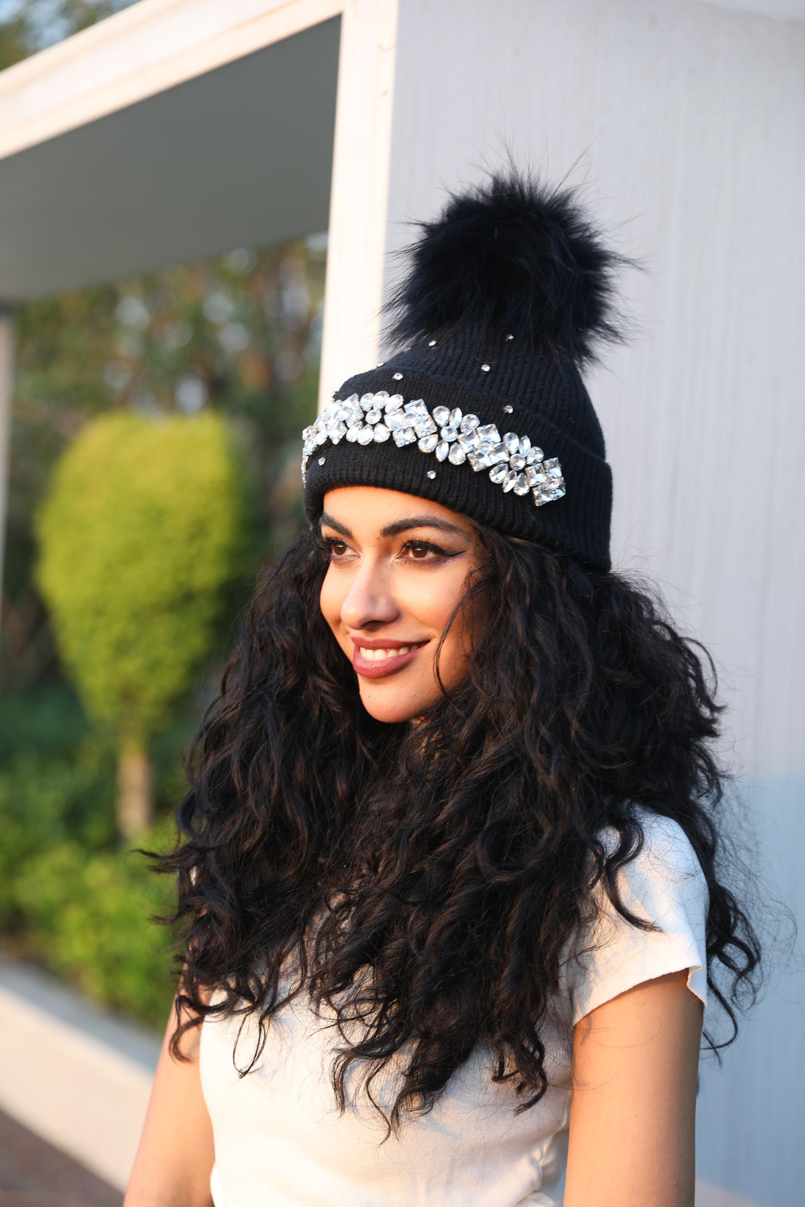 Women's Rabbit Fur Hat with Large Crystal-Studded Pompoms for Casual Wear - Janefur