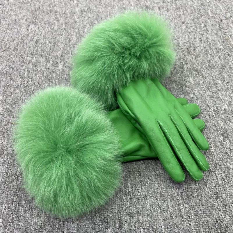 Fox Fur Leather Gloves Rose - Janefur