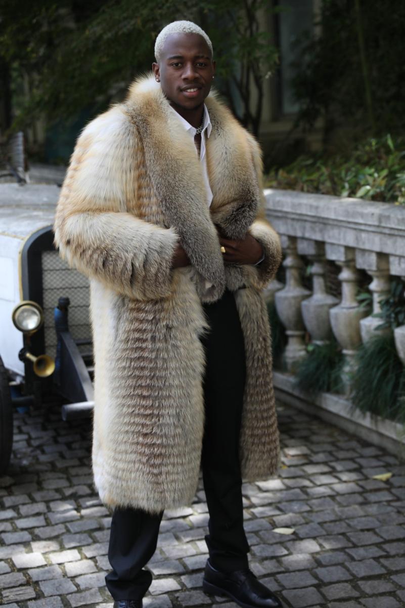 Long Fox Fur Coat with Wide Collar and Decorative Stripes - Janefur