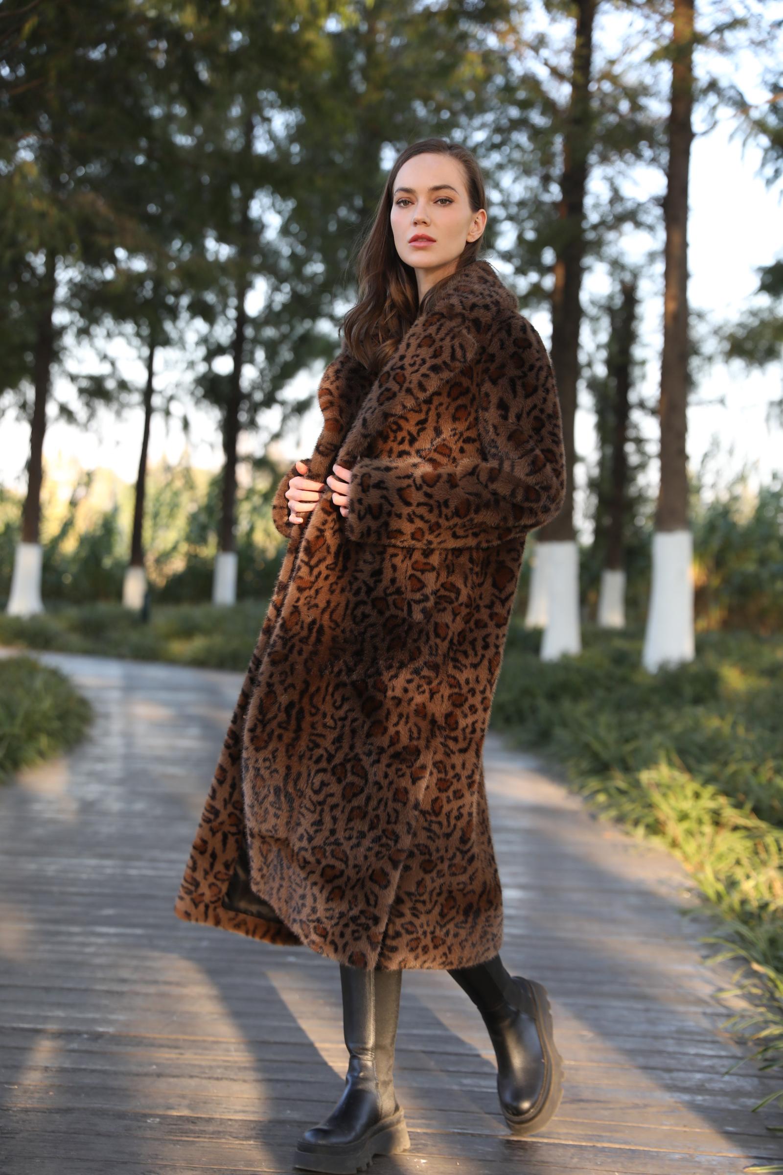 New Trendy Leopard Print Long Faux Mink Jacket Eco Fur - Janefur