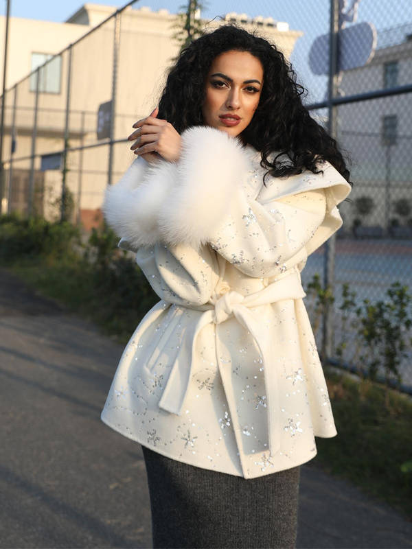 Double -faced Cashmere Outer Jacket for Women, Trendy Sequined Sash Double -faced Wool Coat - Janefur