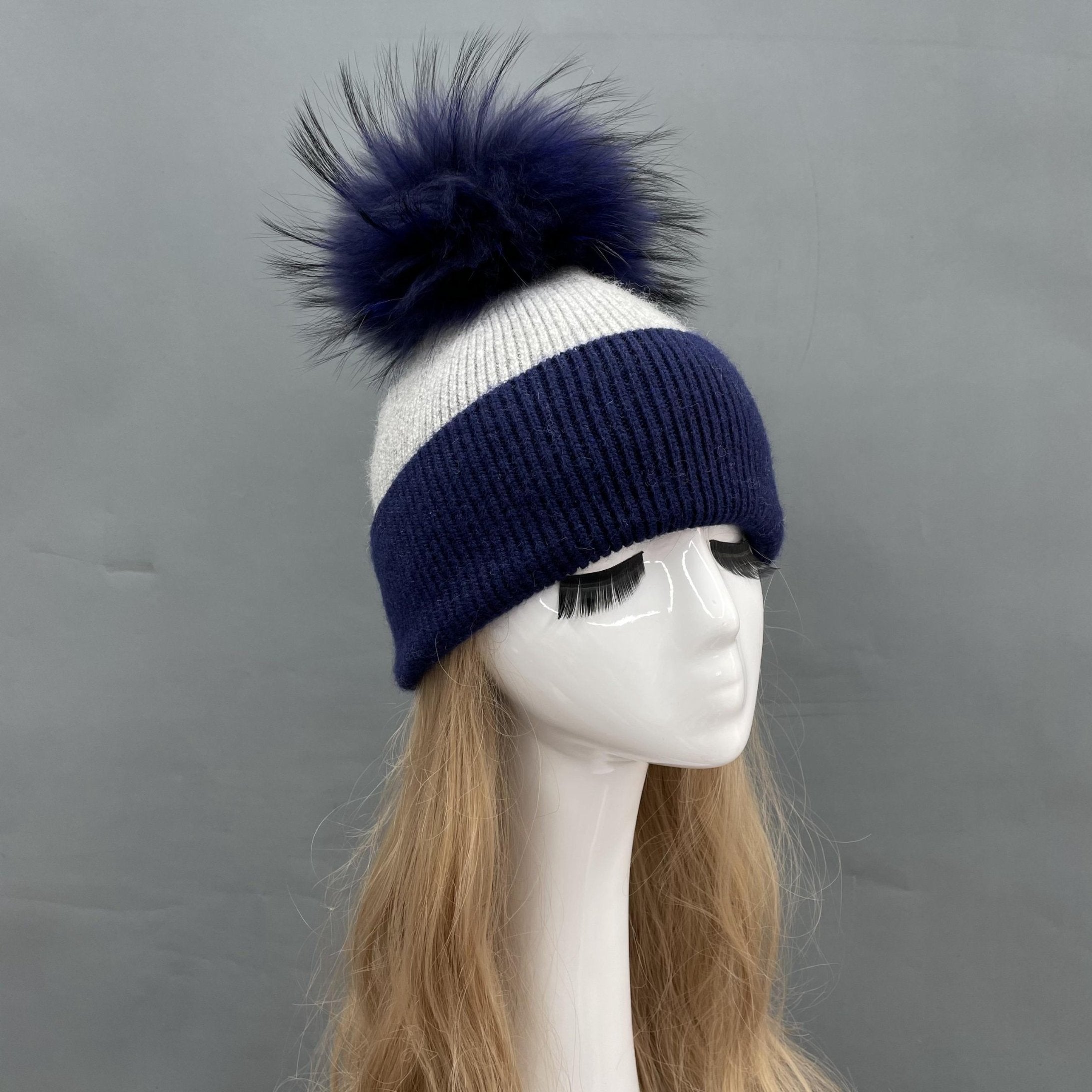 Contrast Color Angora Knitted Fur Pom Pom Warm Beanie Hat For Adults and Children - Janefur