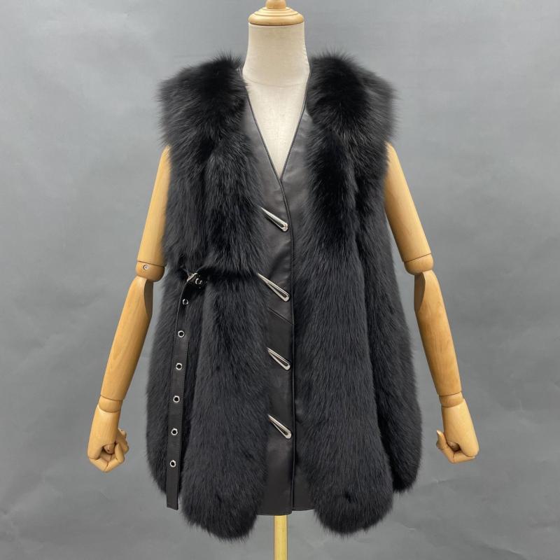 Vertical Stripe Buckle Decorated Draped Fox Fur Vest (Long) - Janefur