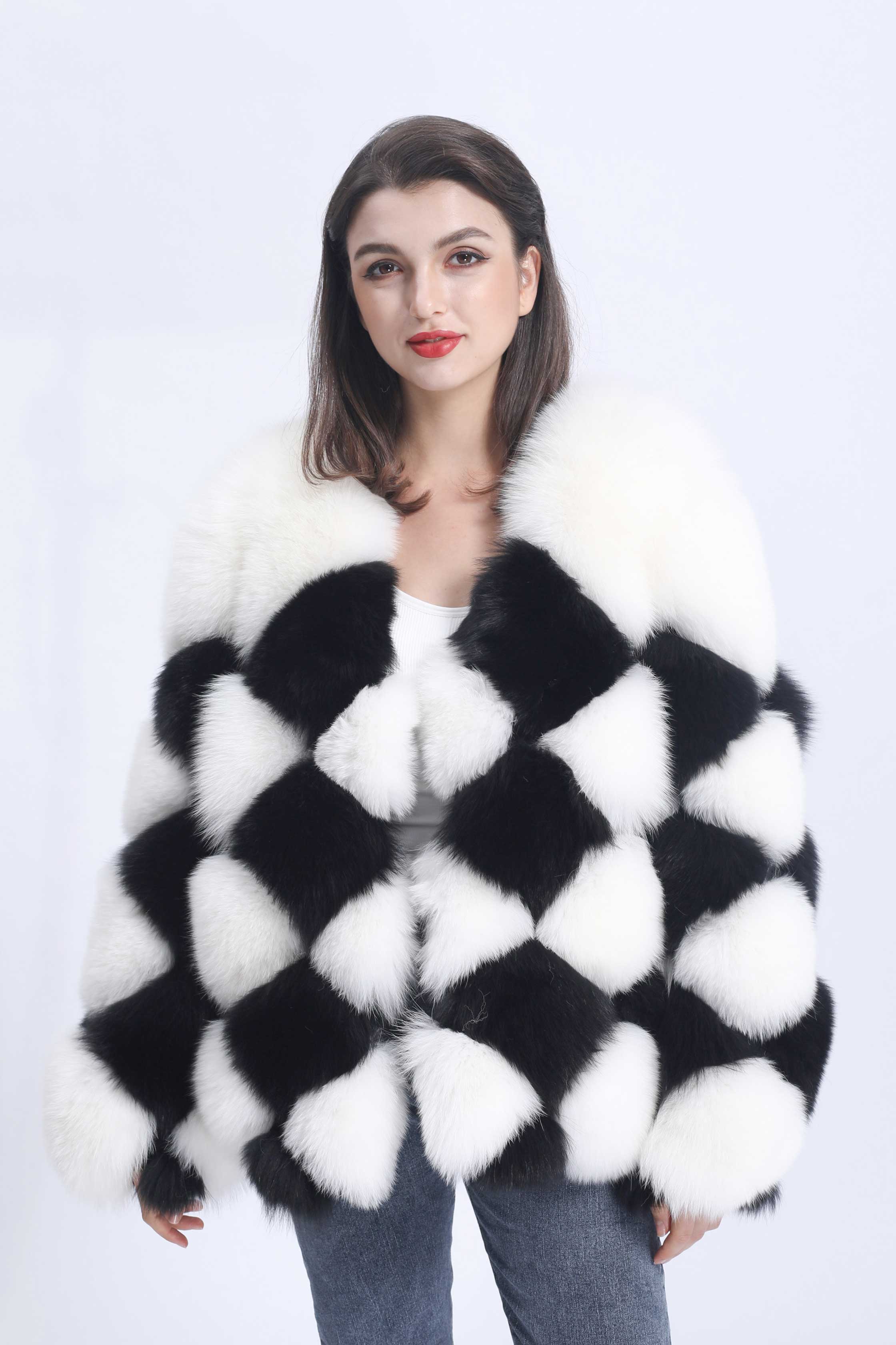 Premium Luxury Black And White Checked Real Fox Fur Coat For Women - Janefur