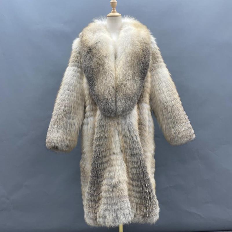 Long Fox Fur Coat with Wide Collar and Decorative Stripes - Janefur