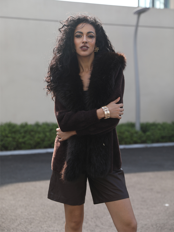 Women's Fox Pile Knit Coat with Faux Mink Placket and Faux Fur Collar - Janefur